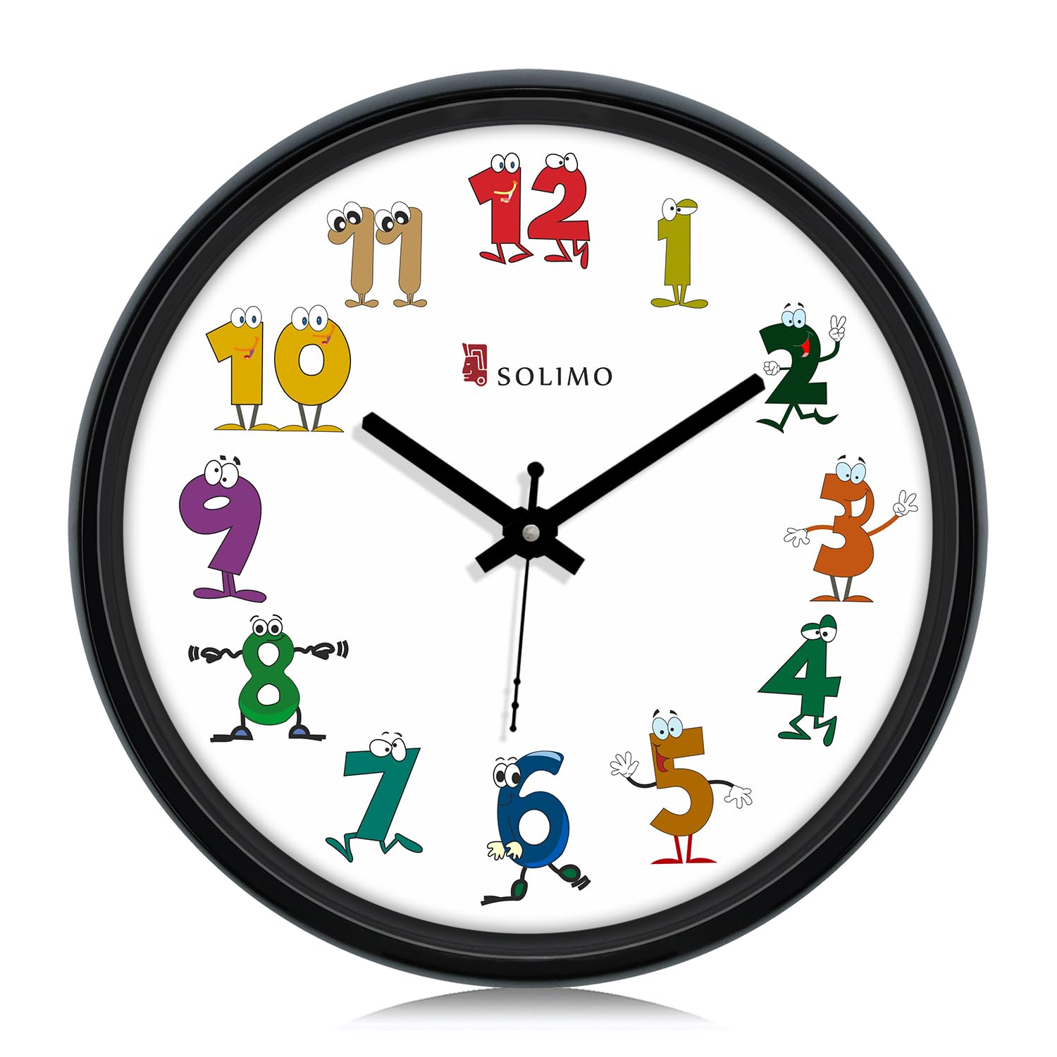 Amazon Brand - Solimo 12-Inch Kids Plastic & Glass Wall Clock (Silent Movement, Black Frame)