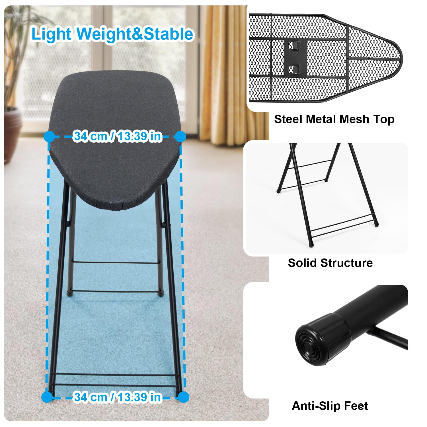 Duwee 13''  35'' Ironing Board Small With Heat Resistant Cover,Folding Compact Ironing Board,Light Weight,Easy To Storage,Black