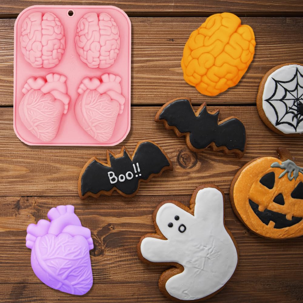 3D Human Brain Heart Silicone Molds, 2 Pack Realistic Halloween Organ Shapes Silicone Muffin Molds For Chocolate Pudding Dessert