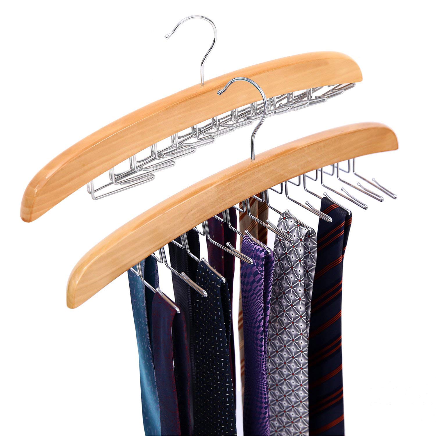 Tie Rack Hanger For Closet, Ohuhu Wooden Tie Organizer 360 Degree Rotating Tie Holder With 24 Folding Hooks, Tie And Belt Storag