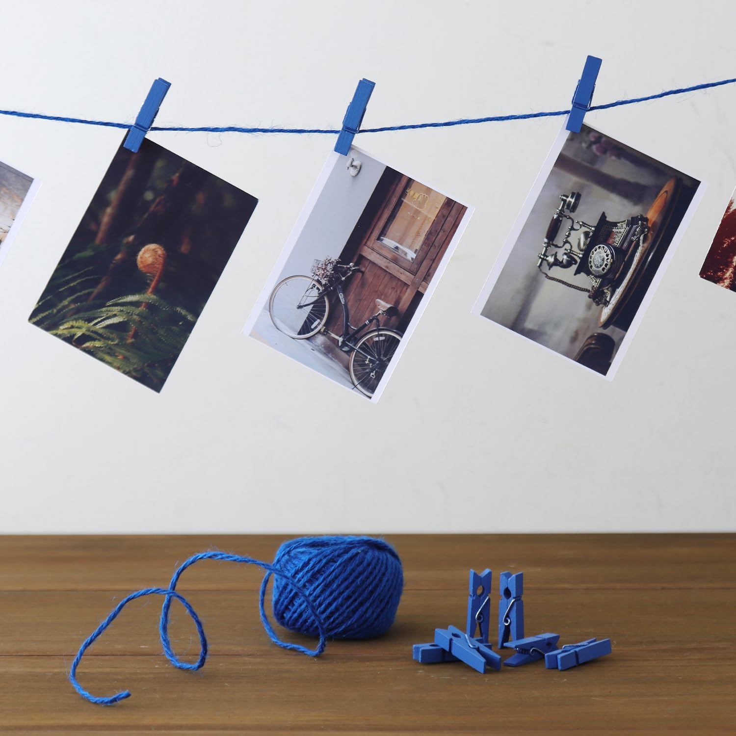 Hstech 100 Pcs Blue Mini Natural Wooden Clothespins And 82 Ft Jute Twine, Baby Clothes Pins, 3.5 Cm Craft Photo Clips For Home S