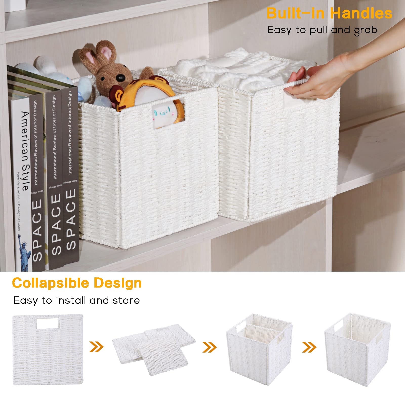 Vagusicc Wicker Storage Baskets, Set Of 2 Hand-Woven Paper Rope Storage Baskets, White Foldable Cube Storage Bins Organizer 9 X