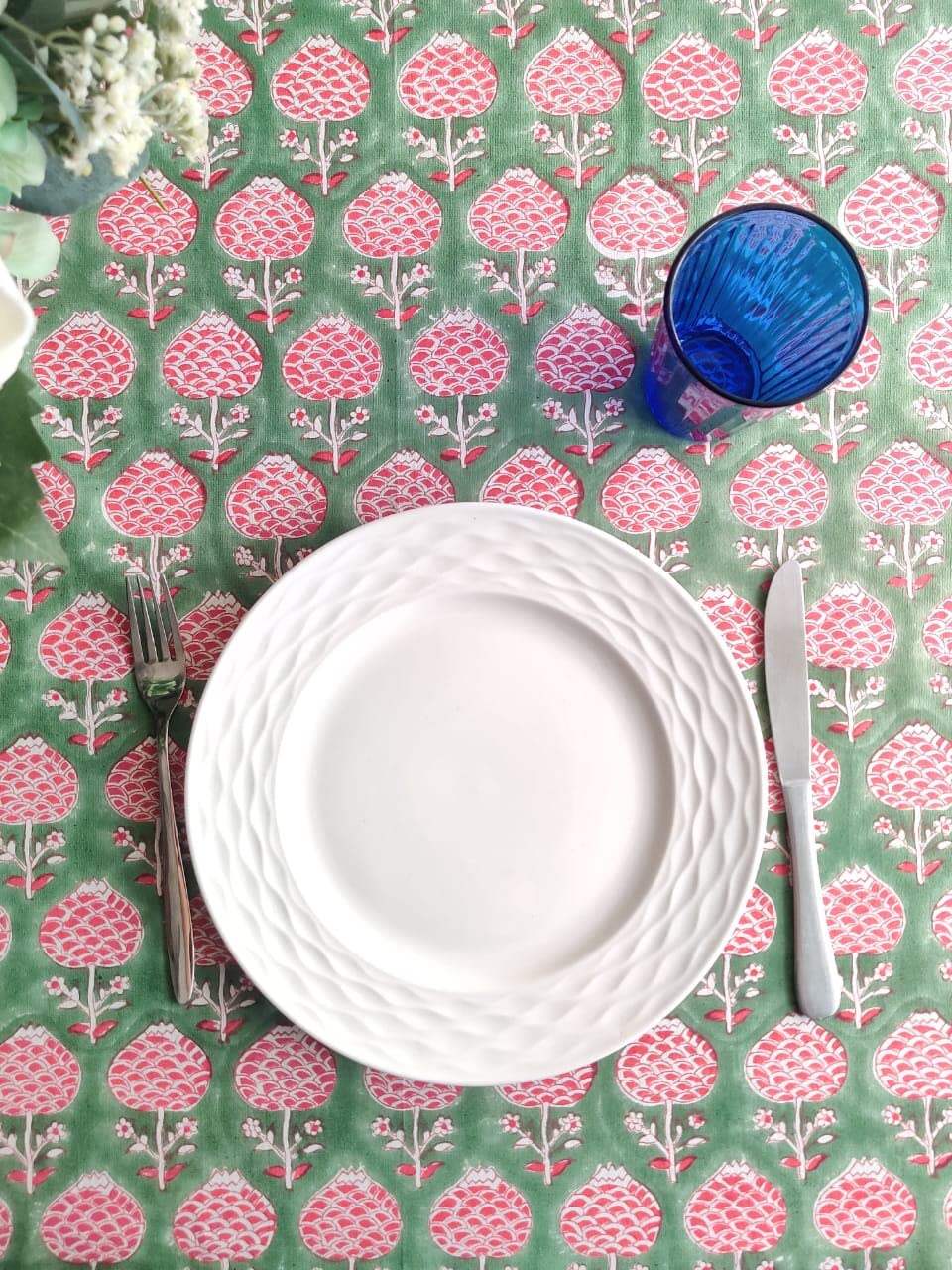 Atosii Roma Green 100% Cotton Square Summer Tablecloth, Block Print Floral Table Cloth For Dining, Parties Wedding Outdoors I Gr