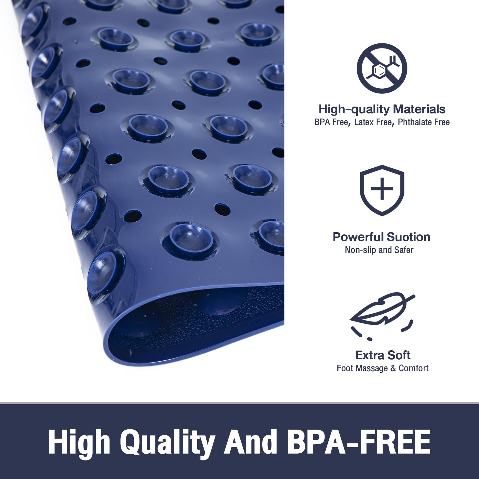 Naoloture Extra Long Bathtub Mat Non Slip, Navy Blue Soft Bath Mat For Tub 40 X 16 Inch Full Size, Bath Tub Shower Mats For Bath