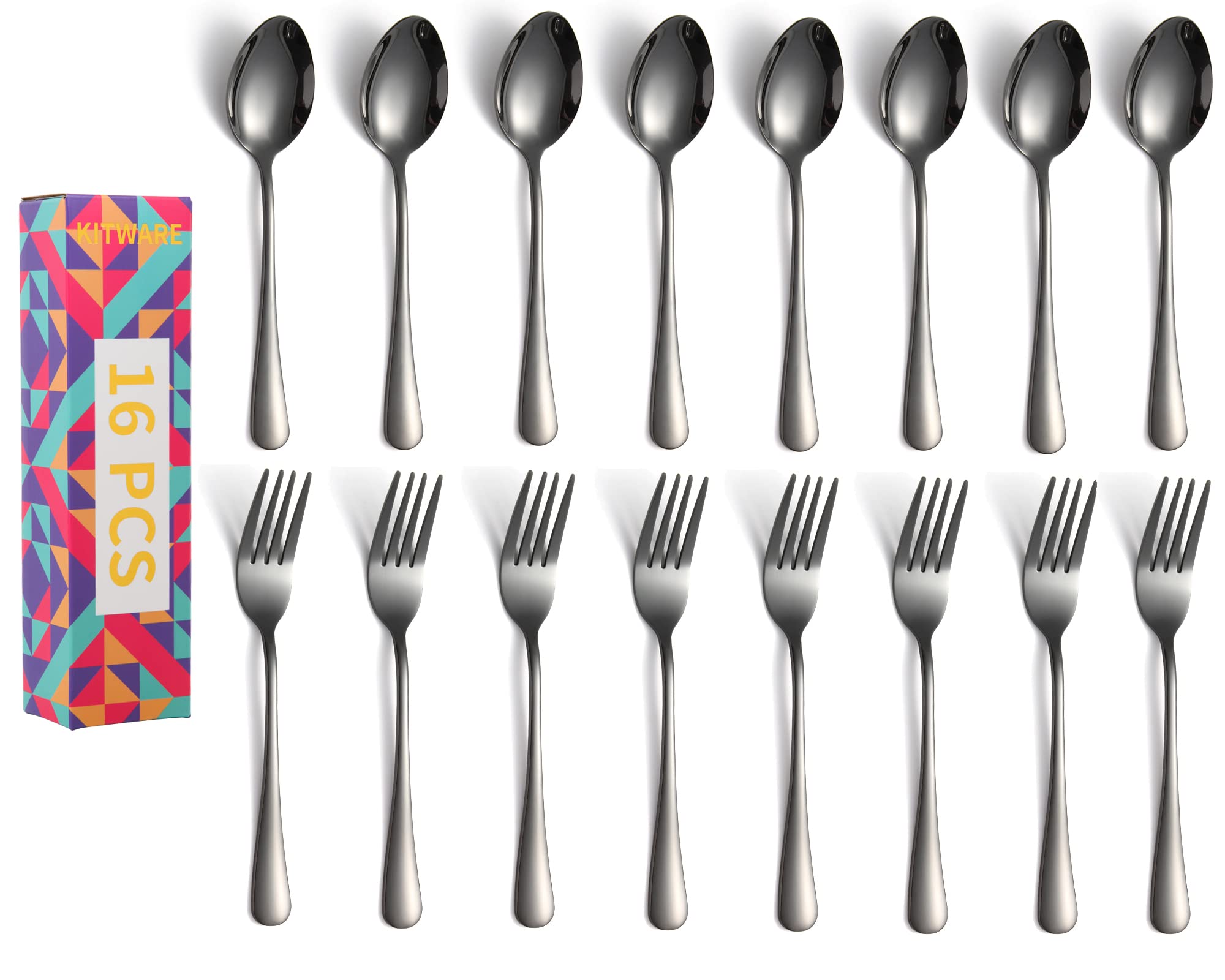 Black Dinner Forks And Spoons Silverware Set Of 16-Piece, Stainless Steel Flatware Cutlery For Kitchen Home Restaurant, Heavy Du