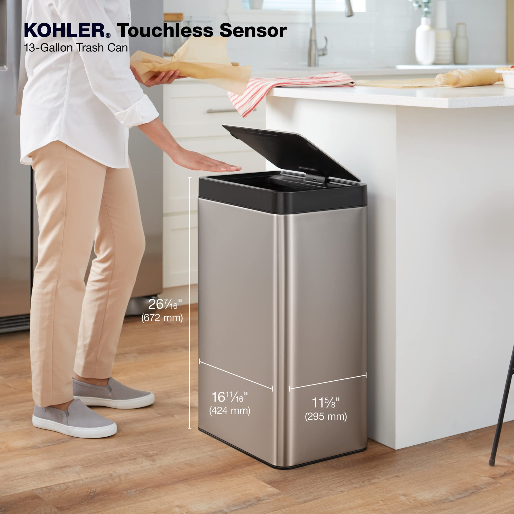 Kohler 23825-St 13 Gallon Sensorcan, Automatic Touchless Motion Sensor Kitchen Trash Can With Soft Close Lid, Stainless Steel