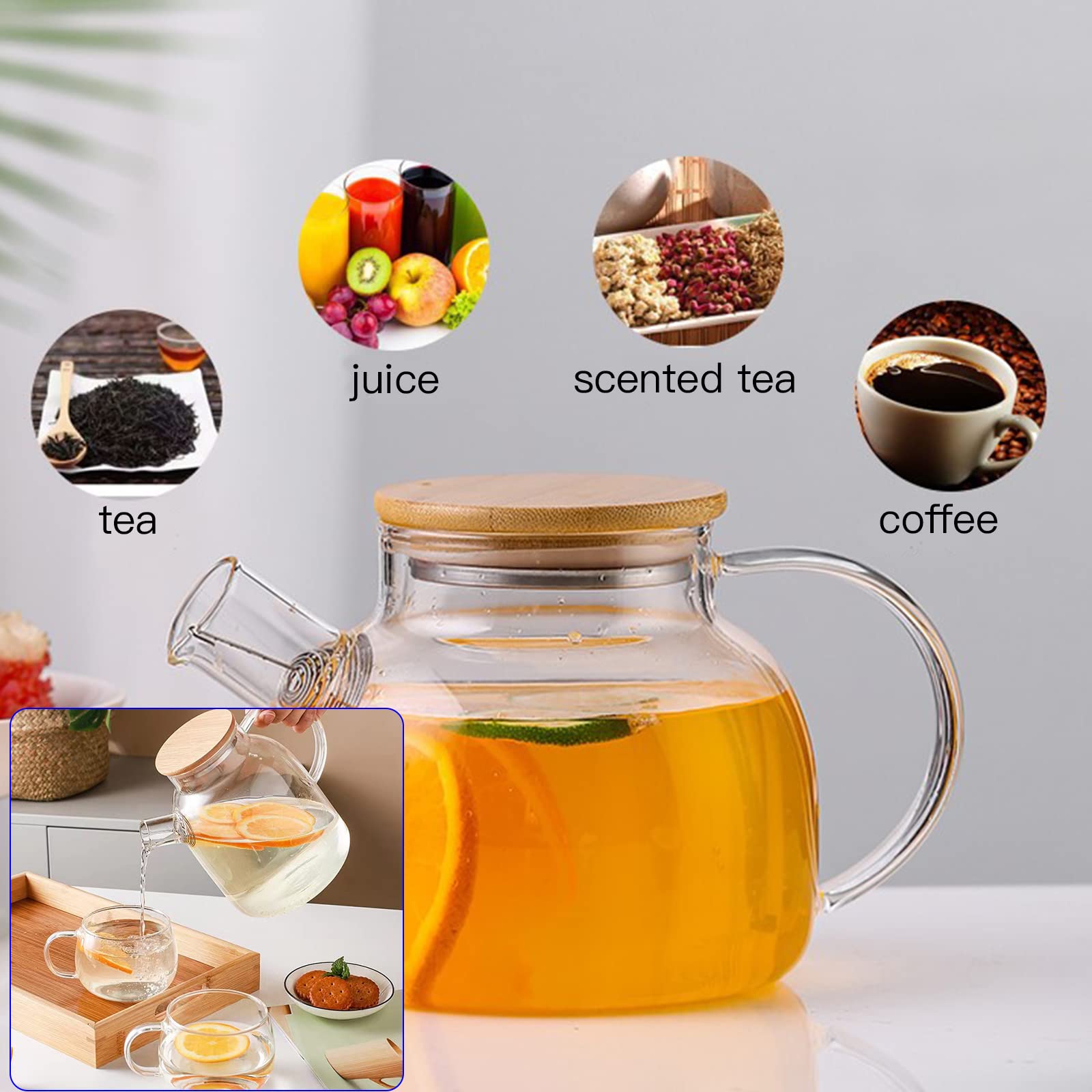 Glass Teapot, Stovetop & Microwave Safe Glass Borosilicate Teapot, Glass Teapot With Strainer, Glass Kettle With Wooden Lid, Loo
