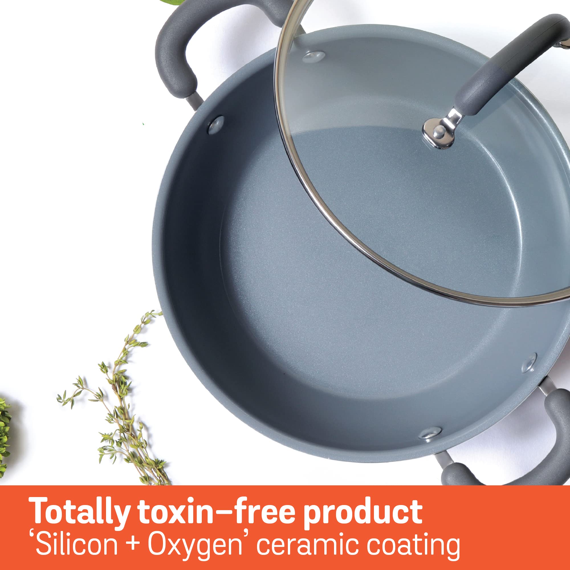 Meyer Anzen Healthy Ceramic Coated Aluminum Cookware Kadai With Lid, (30Cm, Grey)