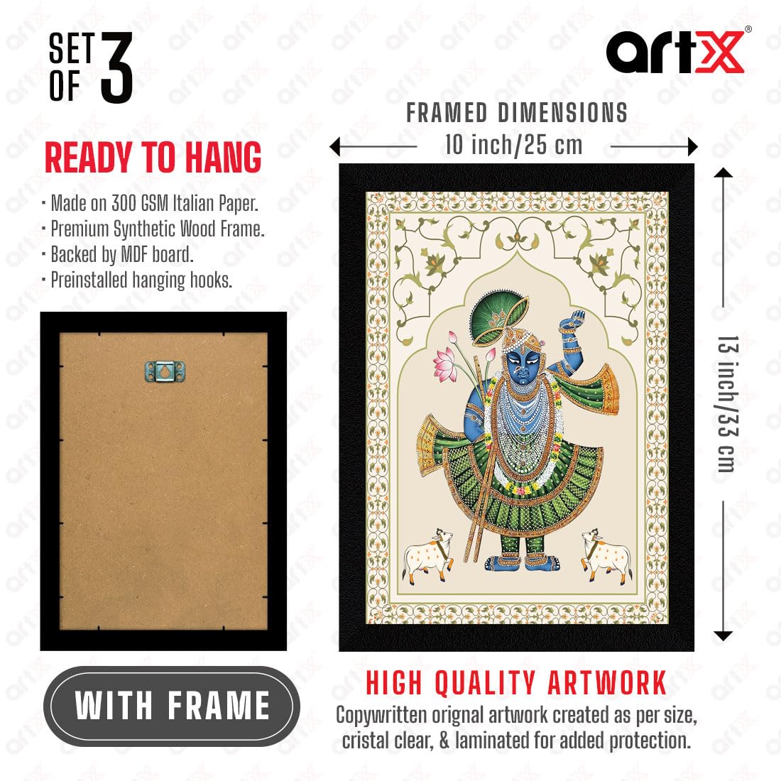 Artx Paper Pichwai Shrinath Ji Cow With Calf Framed Wall Art Painting For Bedroom, Wall Painting For Living Room, 10.0 X 13.0 In