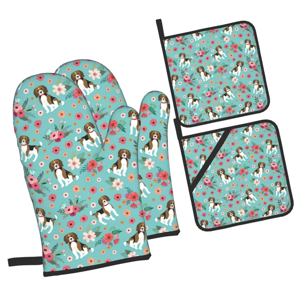 Beagle 4Pcs Oven Mitts And Pot Holders Sets,Heat Resistant Non Slip Kitchen Gloves Hot Pads With Inner Cotton Layer For Cooking