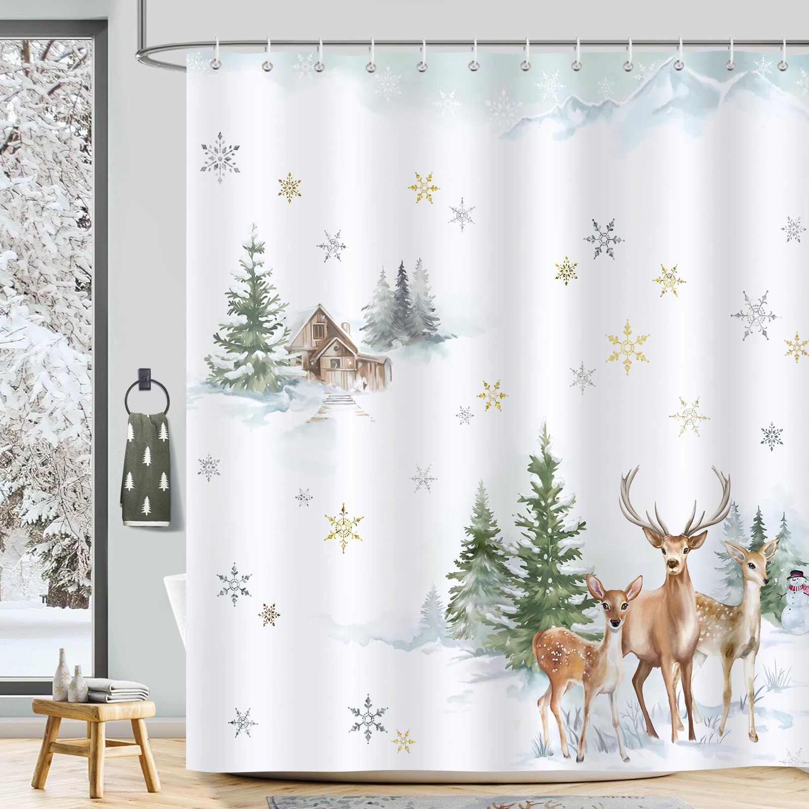 Bonhause Winter Forest Shower Curtain Pine Tree Deer Snowflake Christmas Holiday Decorative Bath Curtain 72 X 72 Inch Polyester