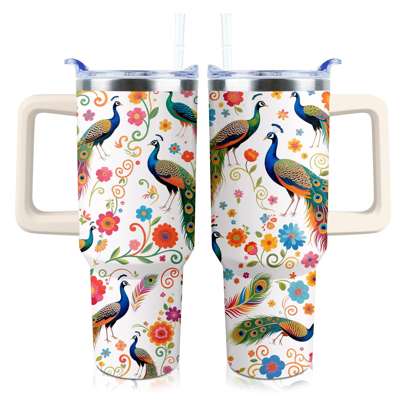 Peacock Tumbler 40 oz Tumbler with Handle and Straw Lid Leak Proof - Peacock Coffee Travel Mug with Handle Insulated for Hot and