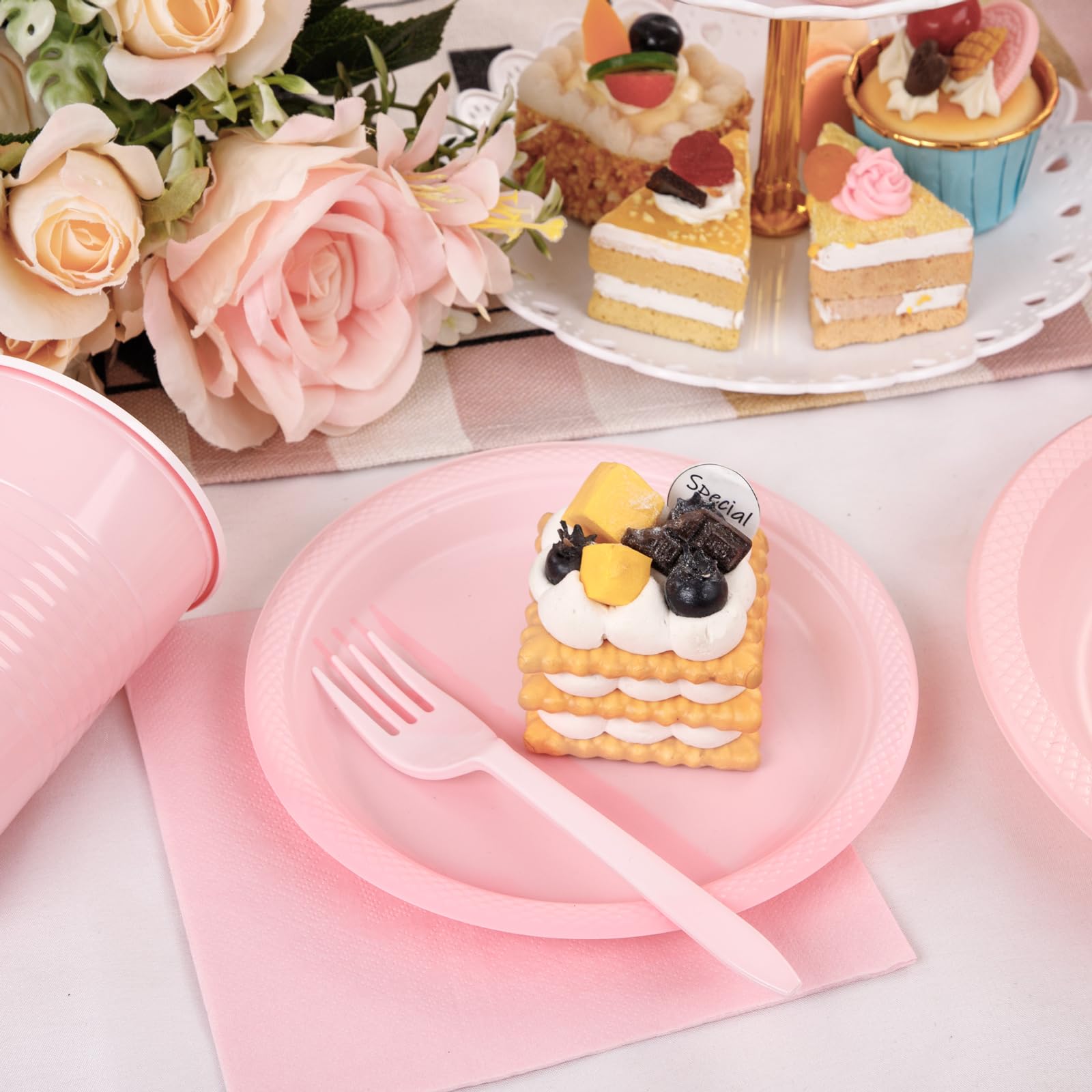 Mirthmood 350Pcs Pink Party Supplies Set,Valentines Day Plates Including Pink Plastic Plates, 12Oz Pink Cups, Pink Plastic Cutle
