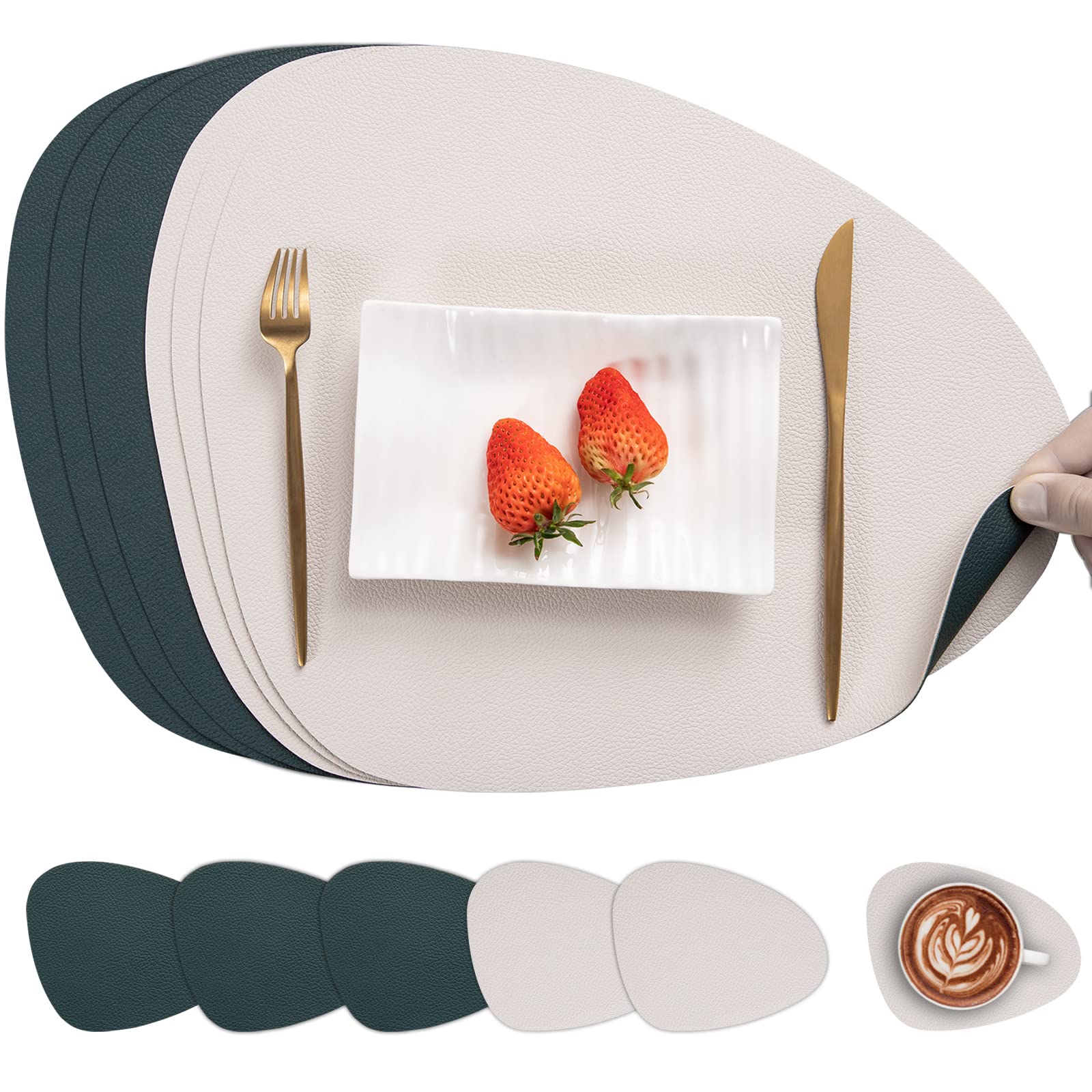 Myir Jun Placemats, Dual-Sided Placemats Waterproof Faux Leather Placemats Set Of 6 Place Mats And Coasters Non-Slip Washable Ta