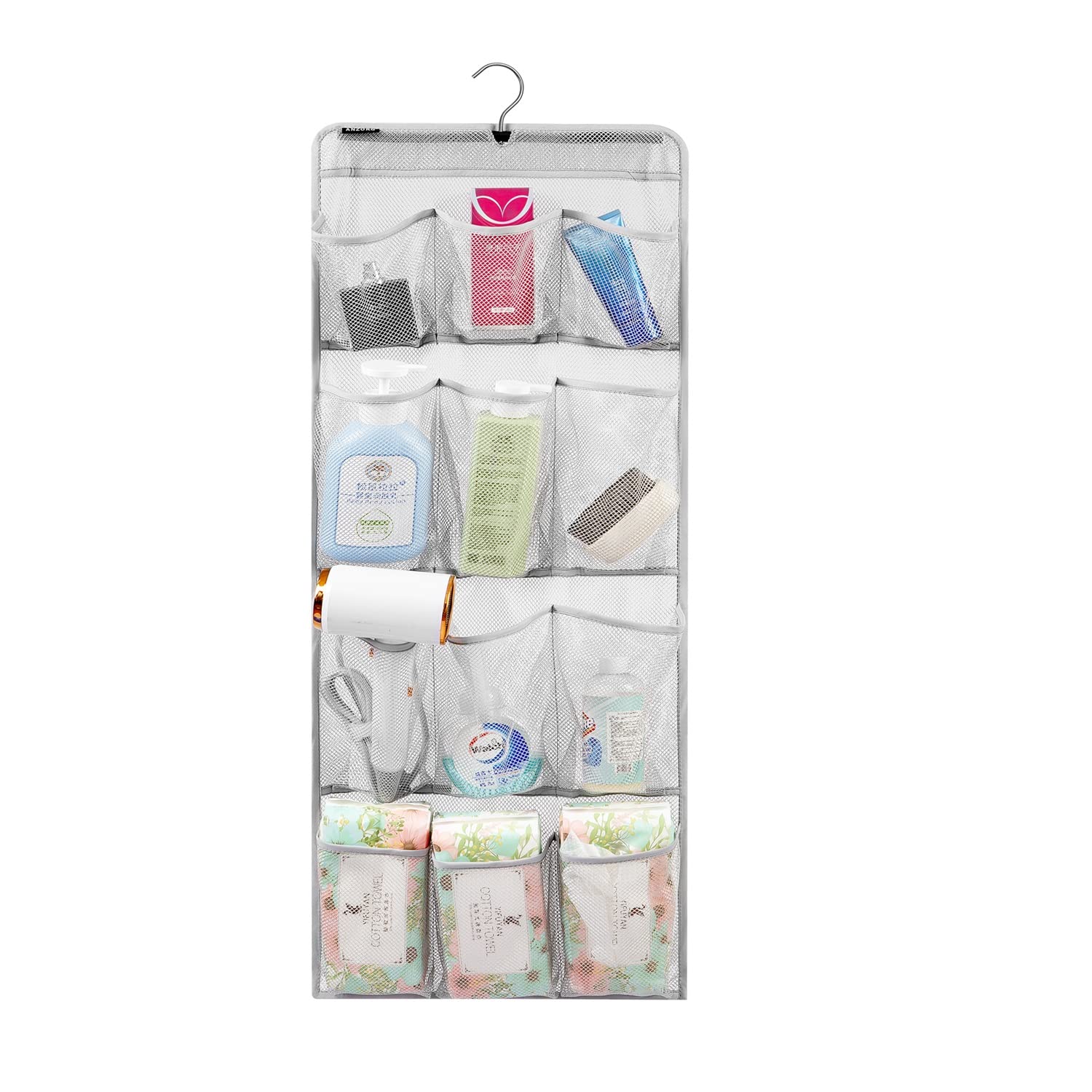 Anzorg Mesh Shower Organizer Hanging Caddy Quick Dry Bathroom Storage For Toiletry Accessories With Rotating Hanger (12 Pockets)