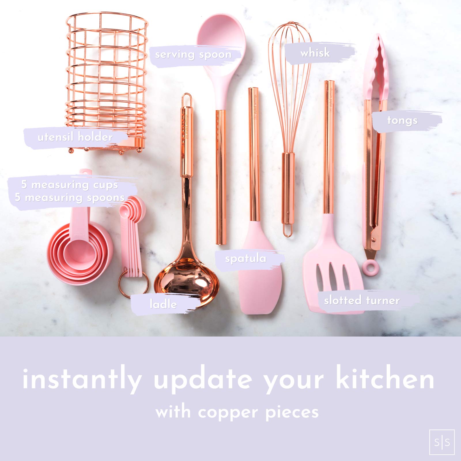 Copper And Pink Kitchen Utensils Set - 17-Piece Silicone Cooking Tools With Copper Utensil Holder And Pink Measuring Cups And Sp