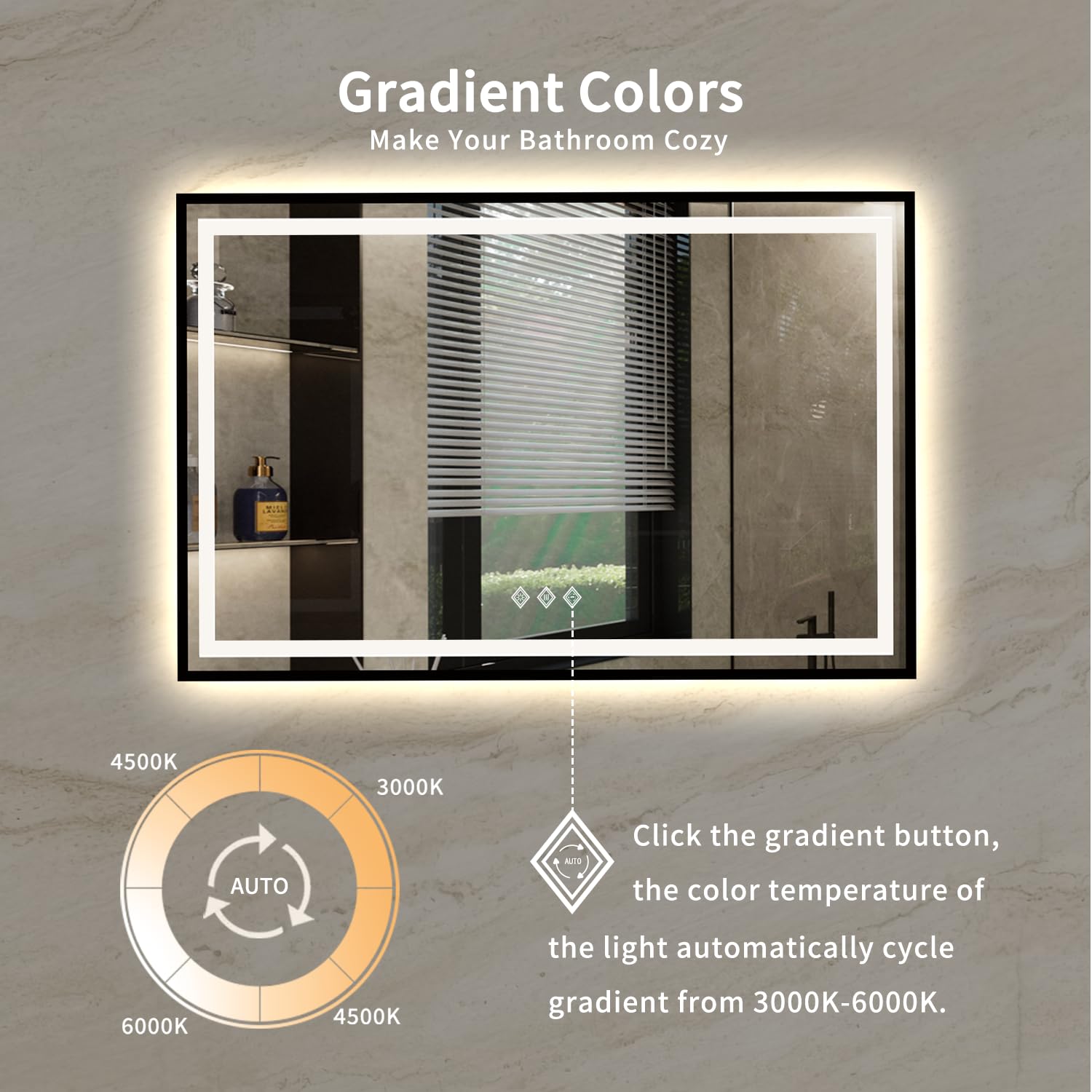 Vanpokins Led Bathroom Mirror, 48X32 Inch Black Framed Gradient Front And Backlit Lighted Bathroom Mirror, 3 Colors Dimmable Cri