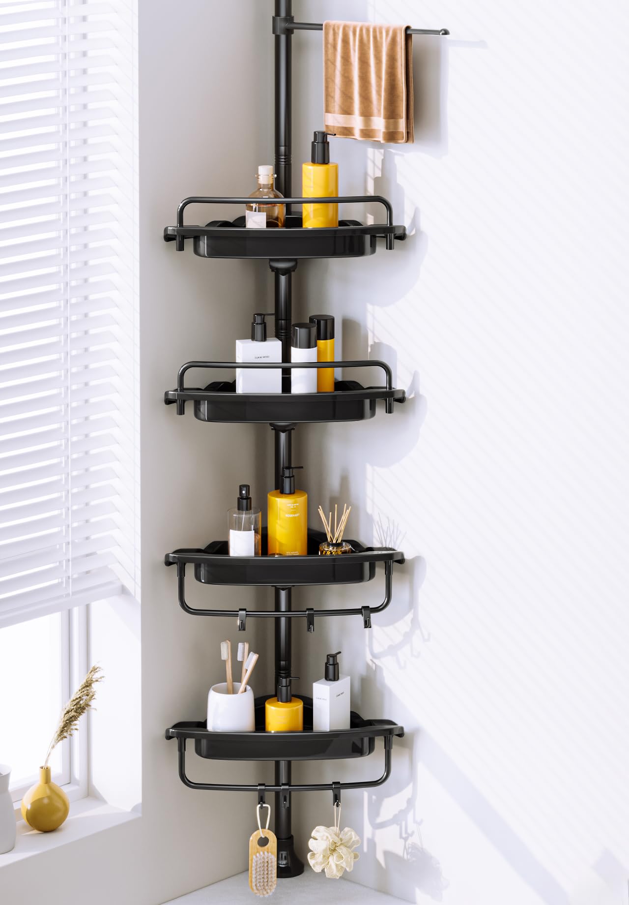 WSBArt Rustproof Shower Caddy Tension Pole Corner Shower Caddy Organizer 4 Tier Adjustable Shelves with Tension Pole and Large C