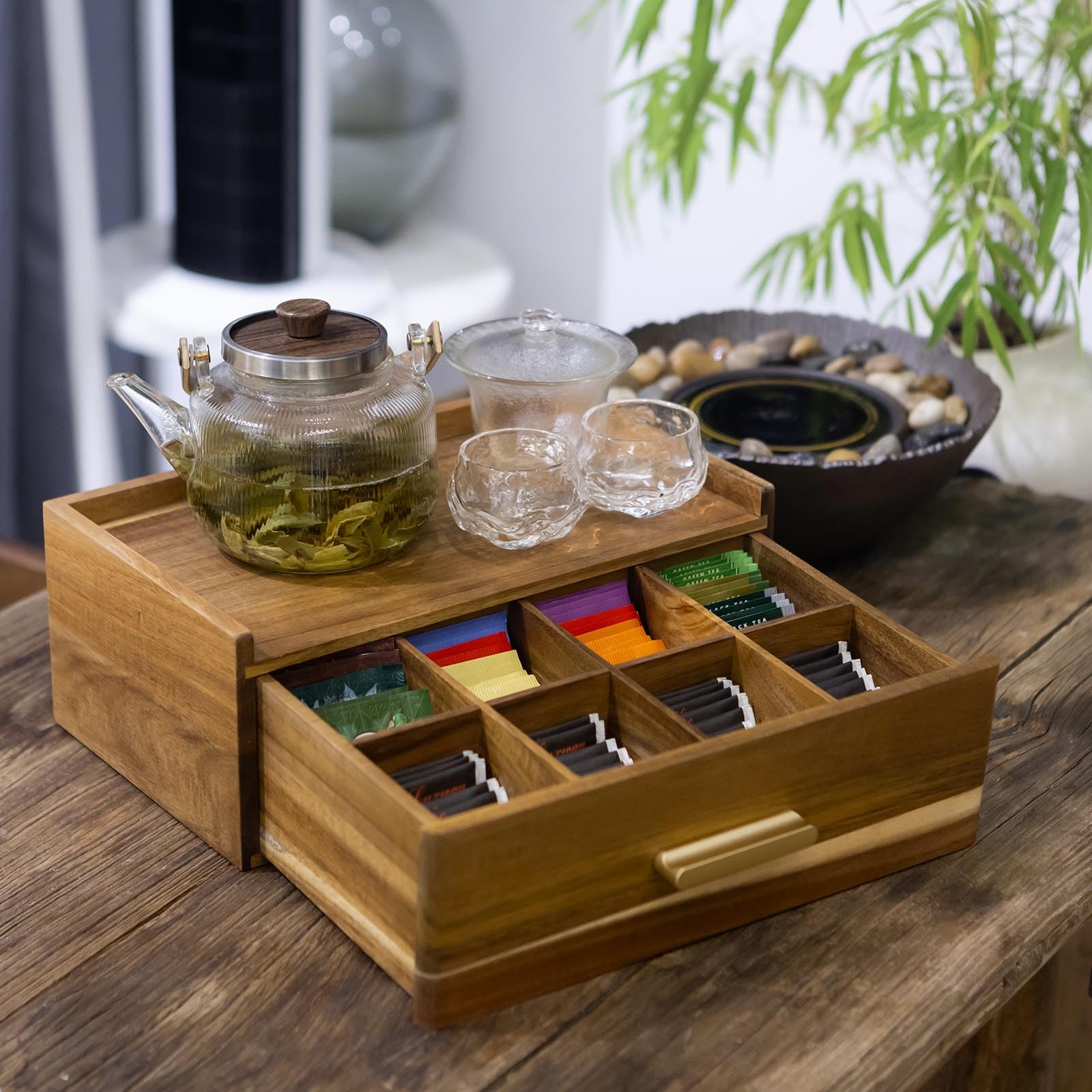 Acacia Wood Tea Bag Organizer, Tea Organizers And Storage Box, Tea Caddy For Tea Bags Storage Drawer, Teabag Holder Container Bo