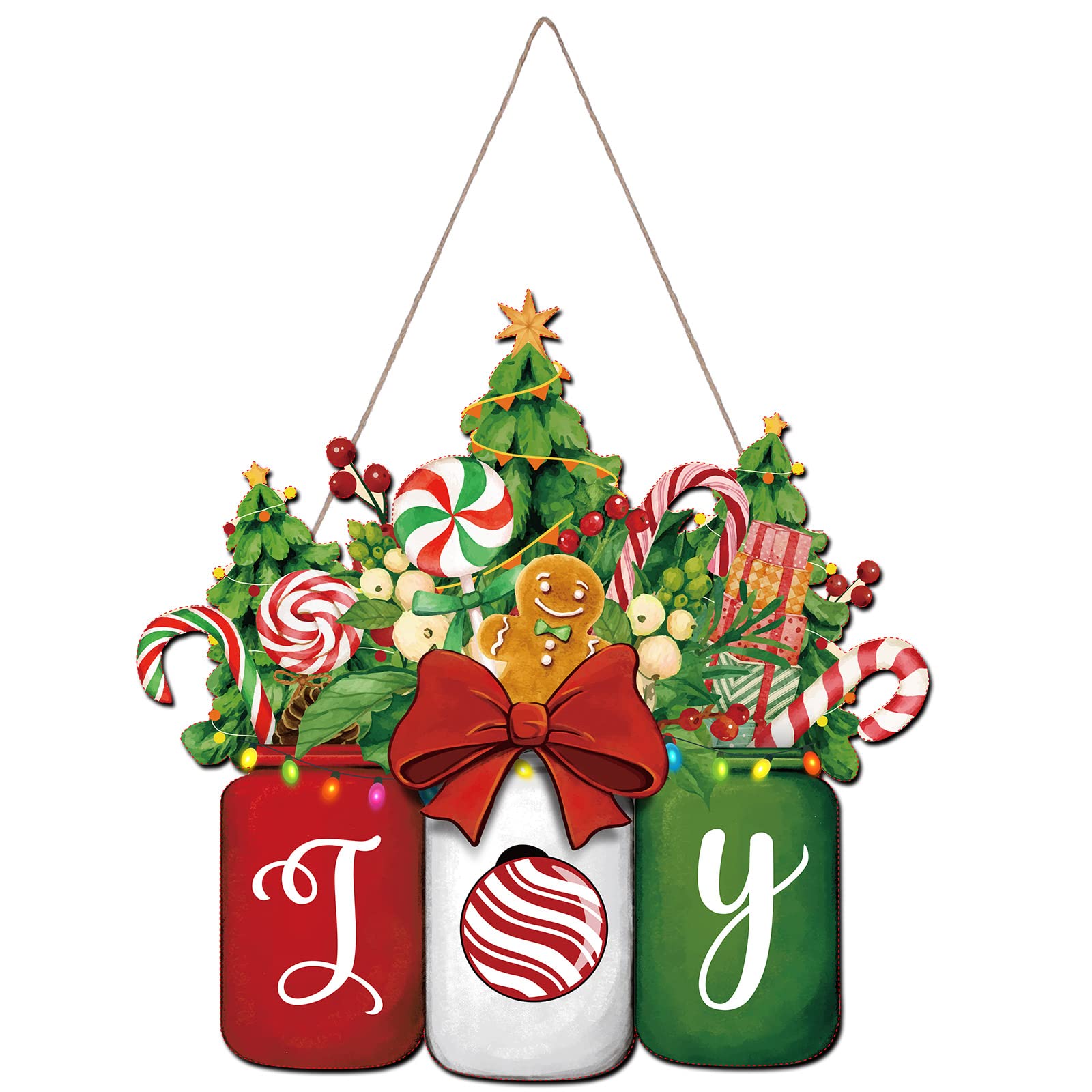 Christmas Mason Jar Welcome Sign for Front Door - Wooden Hanging Gingerbread Xmas Decoration - Noel Joy Door Hanger With Floral 