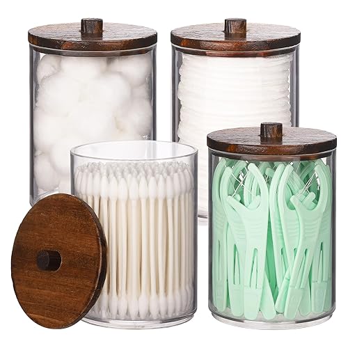 Tbestmax 4 Pack Qtip Holder Bathroom Set  10 oz Restroom Bathroom Organizers and Storage Containers  Clear Plastic Apothecary Jars with Bamboo Lids for Cotton Ball  Cotton Swab  Floss