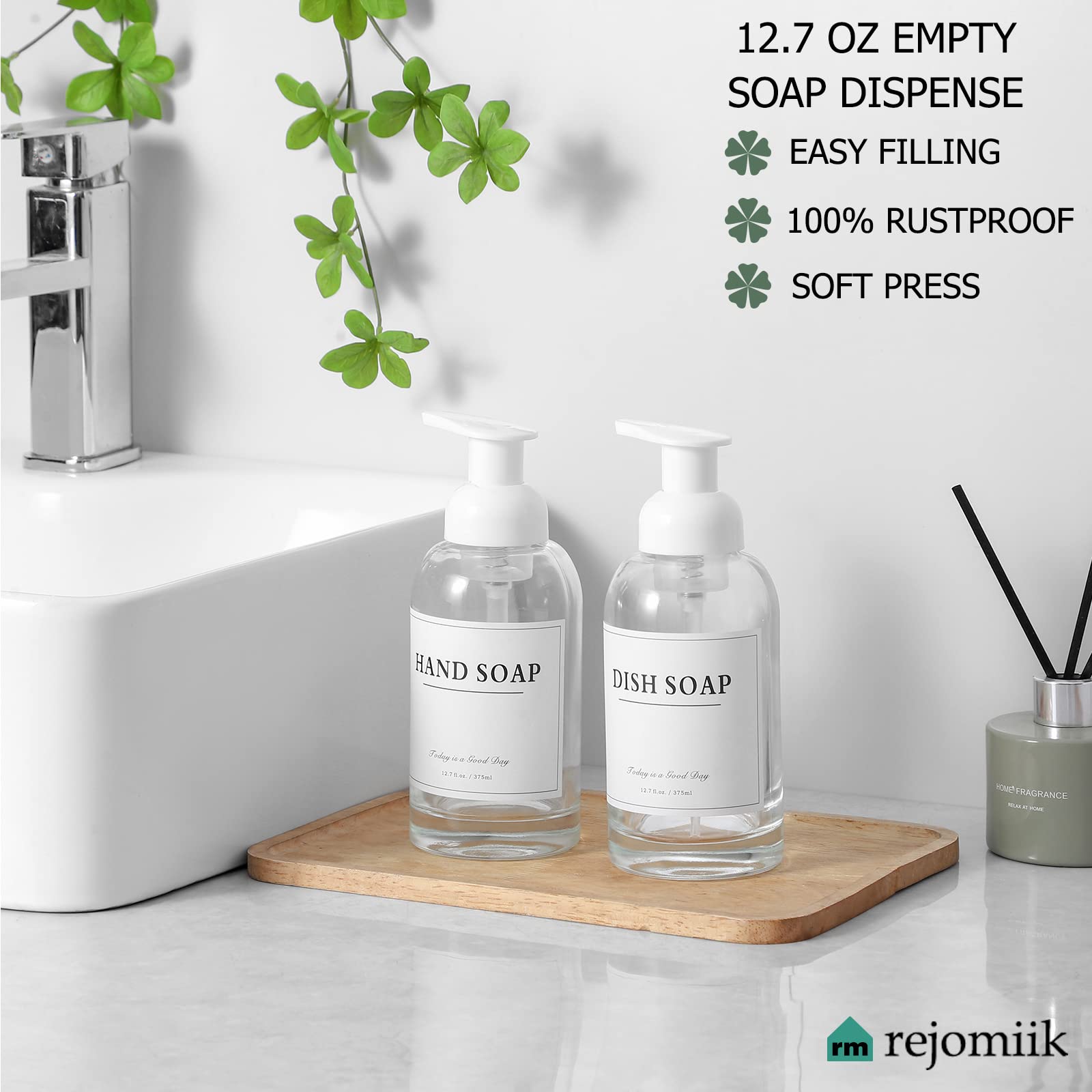 rejomiik 2 Pack Foaming Soap Dispenser Thick Glass Foam Hand Soap Dispenser for Bathroom or Kitchen Sink  13 oz Clear Pump Bottles for Hand soap  Body Wash  White