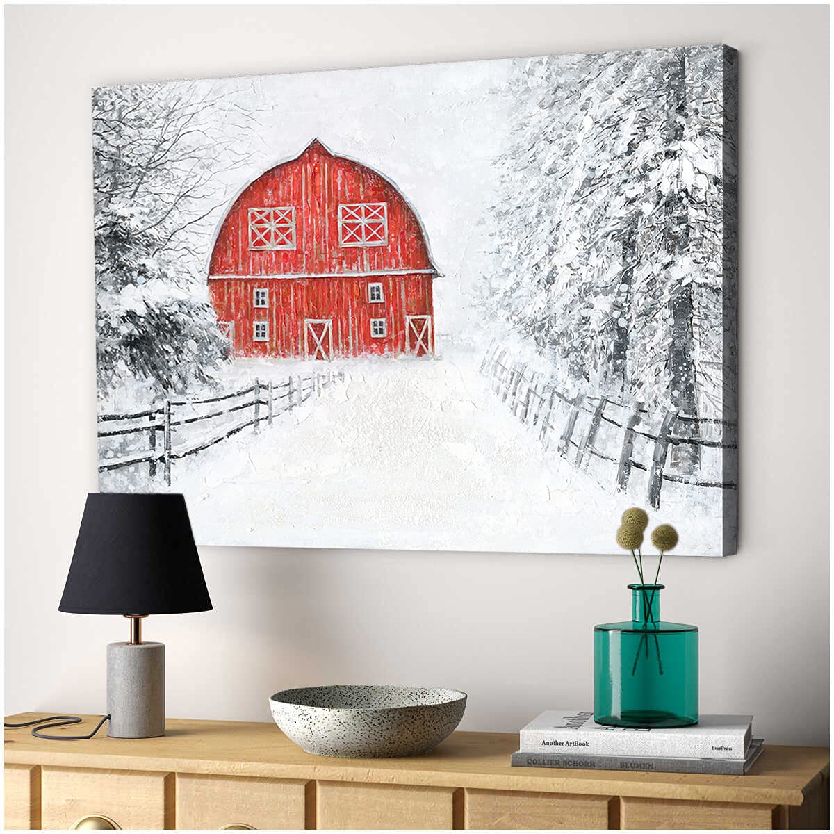 Yelash Red Barn Pictures Wall Art Decor Snowy Barn House Winter Landspace Picture Print On Canvas For Bathroom Bedroom With Fram