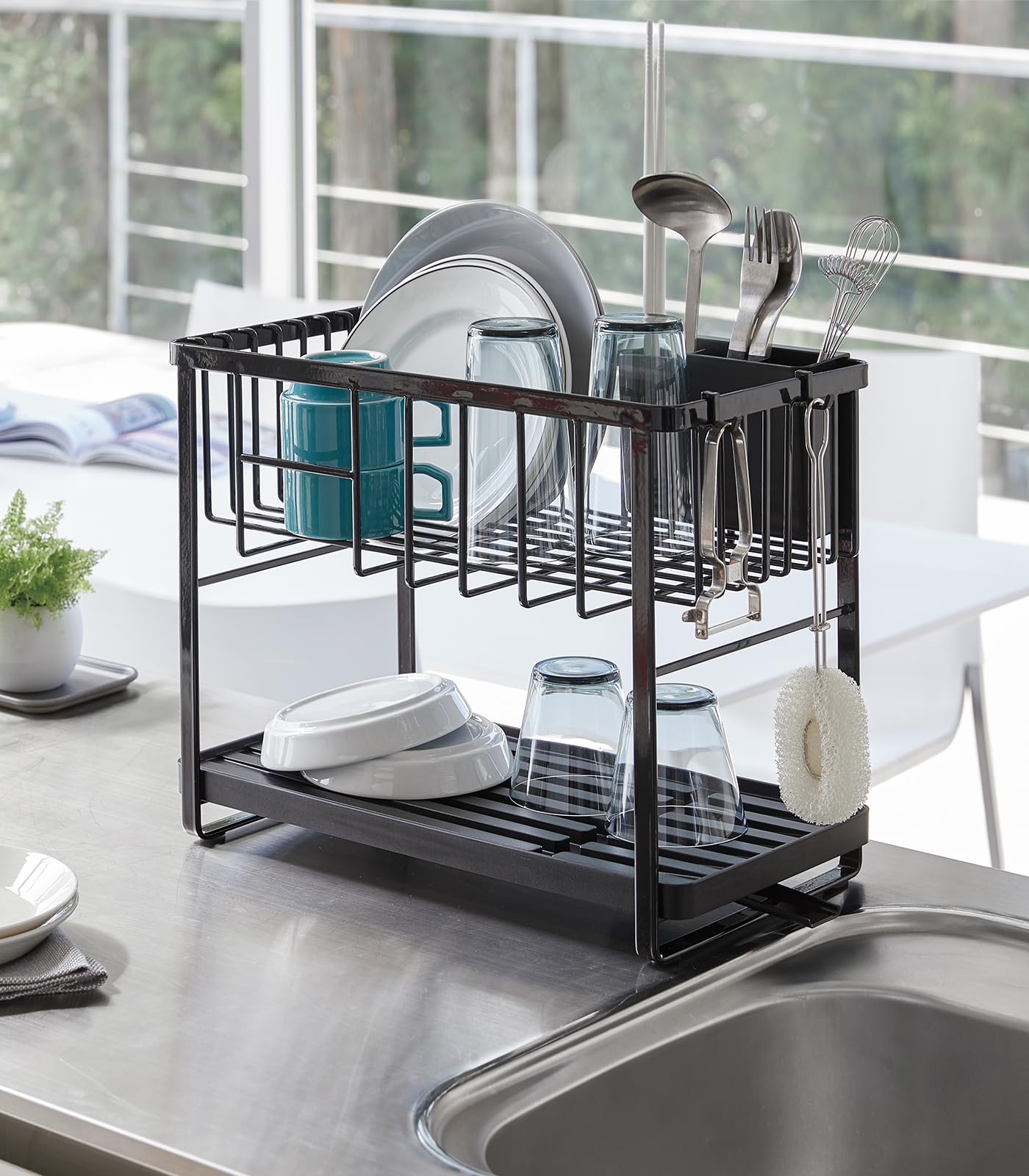 Yamazaki Home Tower Two-Tier Adjustable Dish Drainer Rack, Compact Drying Rack With Hooks, Utensils Holder - Steel -