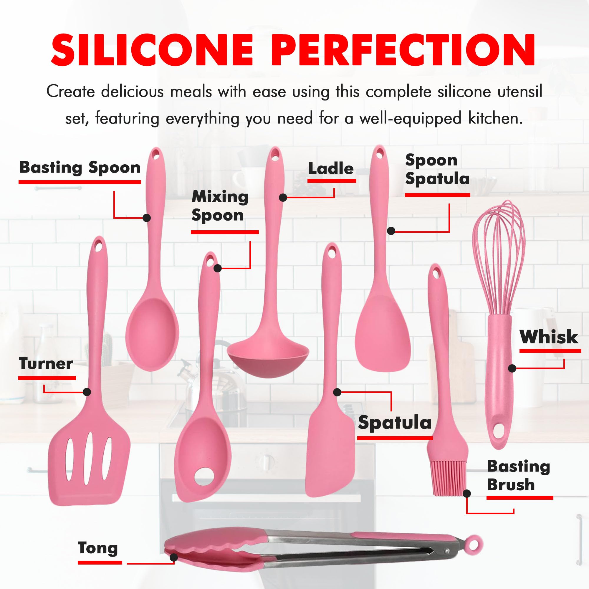Chef Craft Premium Silicone Kitchen Tool And Utensil, 9 Piece Set, Pink