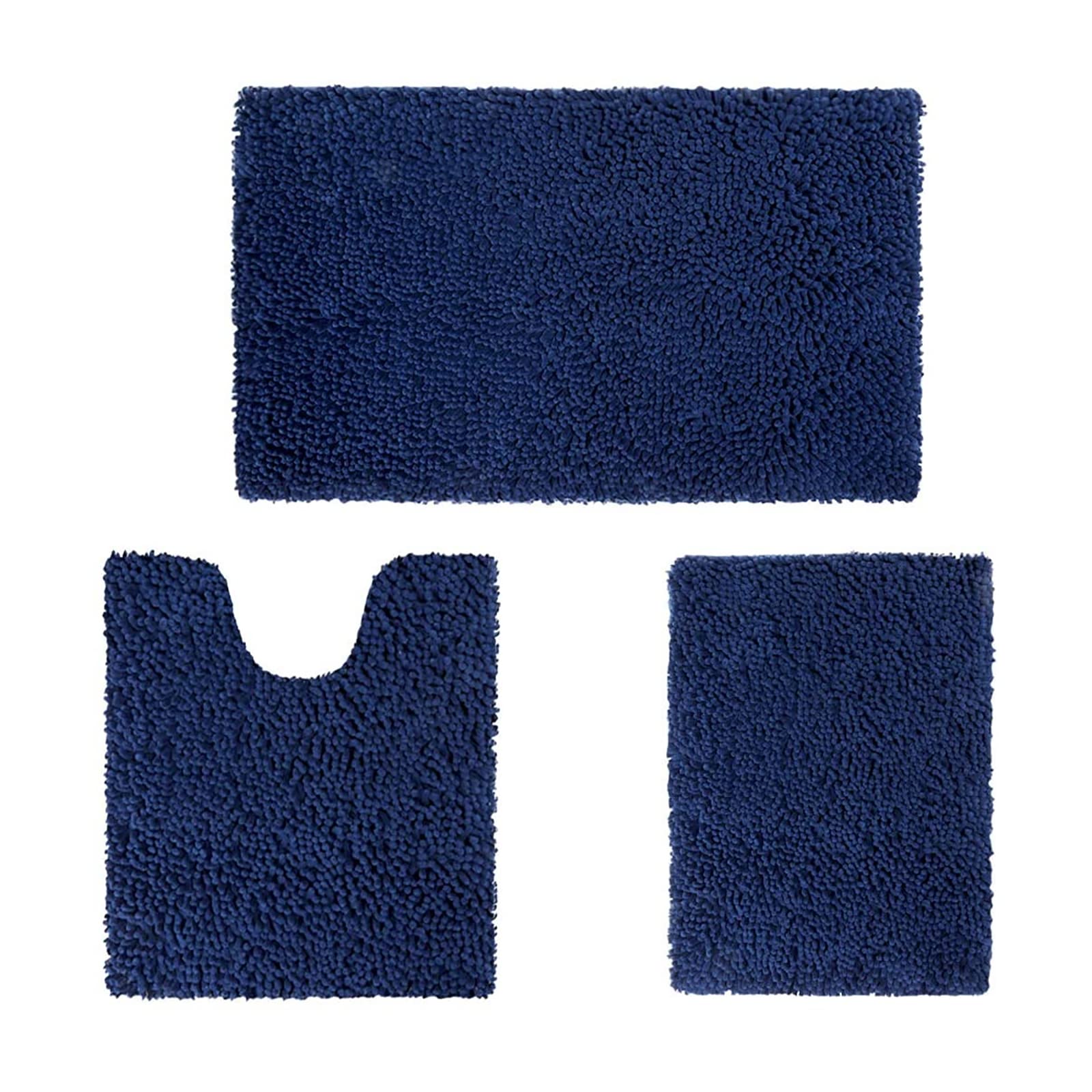 HOMEIDEAS 3 Pieces Bathroom Rugs  Ultra Soft Non Slip Absorbent Chenille Toilet Bath Mat Set (Navy Blue)