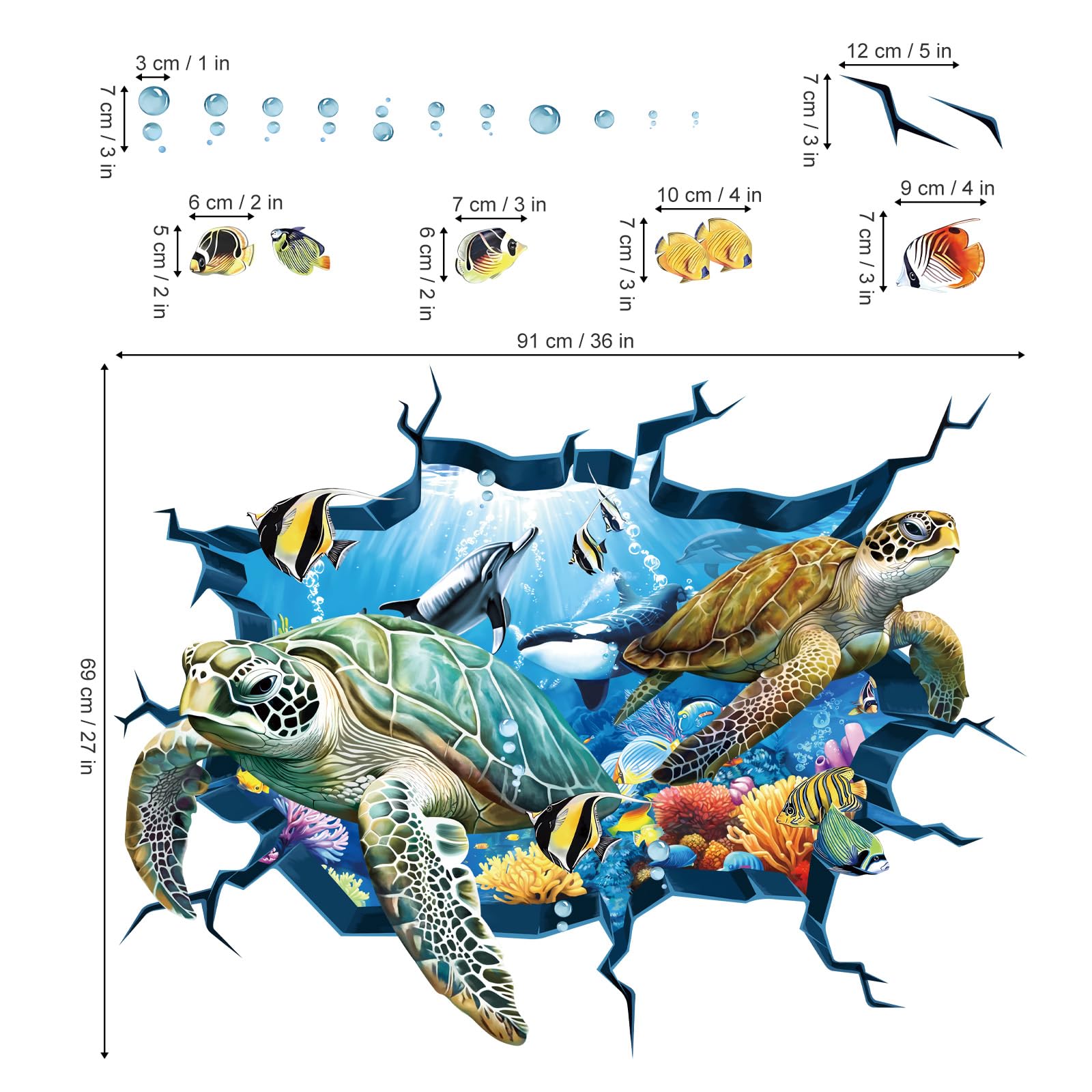 Decalmile 3D Under The Sea Turtle Wall Decals Underwater Ocean Fish Broken Wall Stickers Kids Bedroom Living Room Bathroom Wall