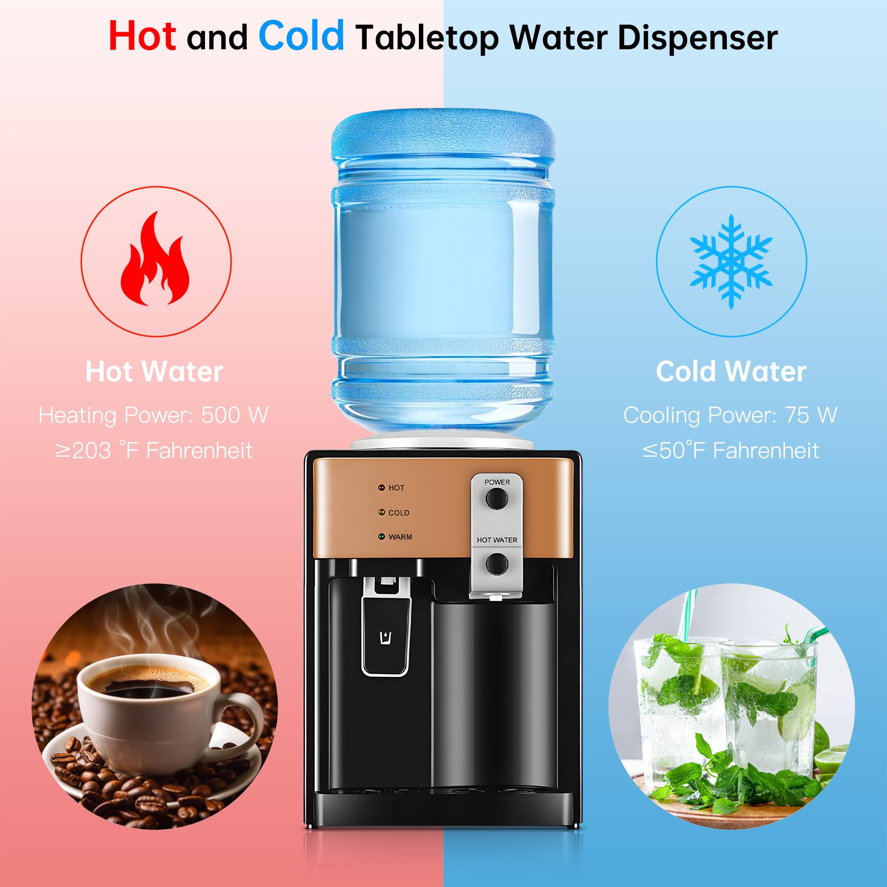 Water Dispenser, Top Loading Water Cooler For 1.2 To 5 Gallon, 3 Temperature Settings Room Temperature Water Cold Hot Water Disp