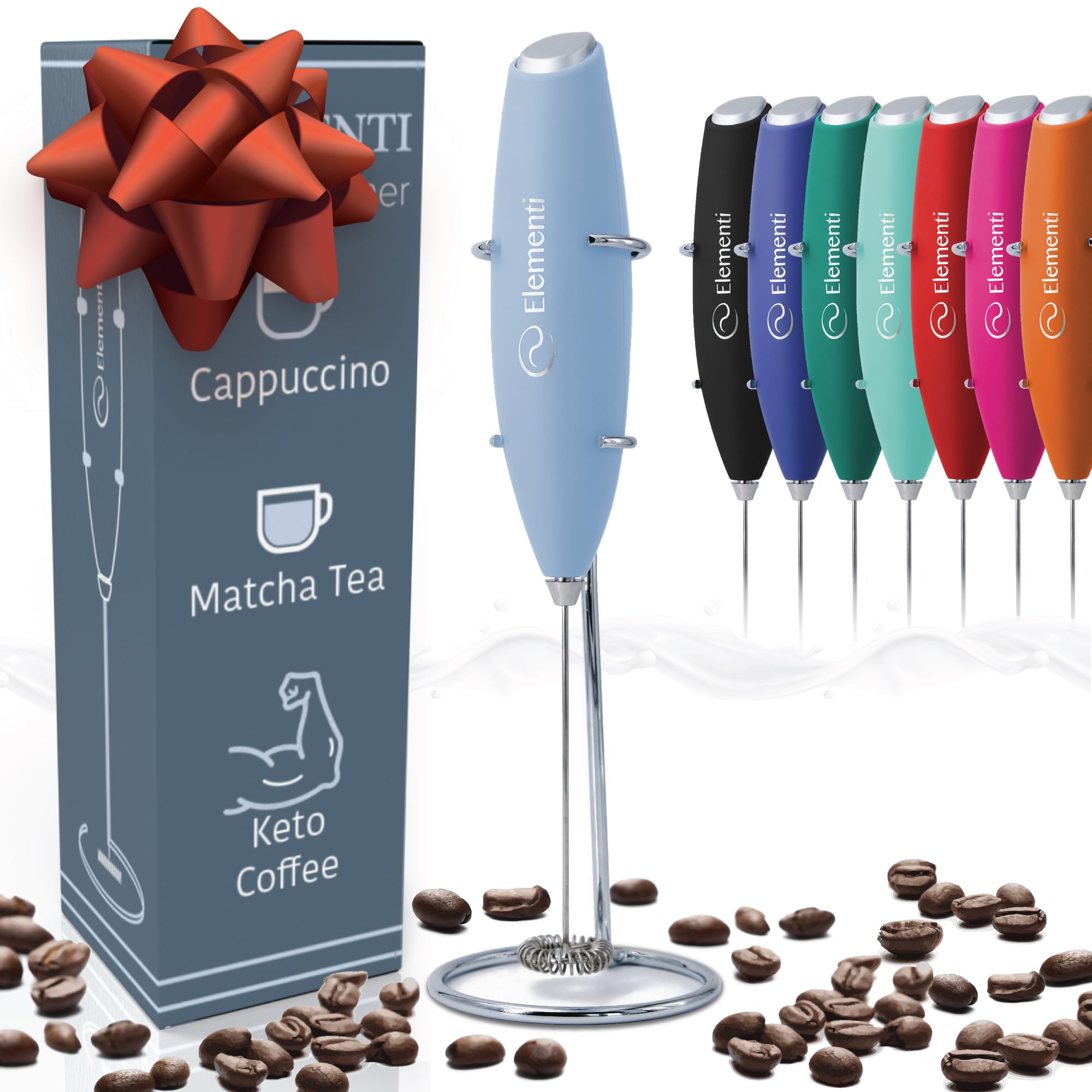 Elementi Milk Frother Wand & Matcha Mixer  Mini Electric Whisk for Coffee - Frother for Coffee - Milk Frother Handheld - Coffee Stirrers Electric Matcha Frother & Hand Whisk (Light Blue)