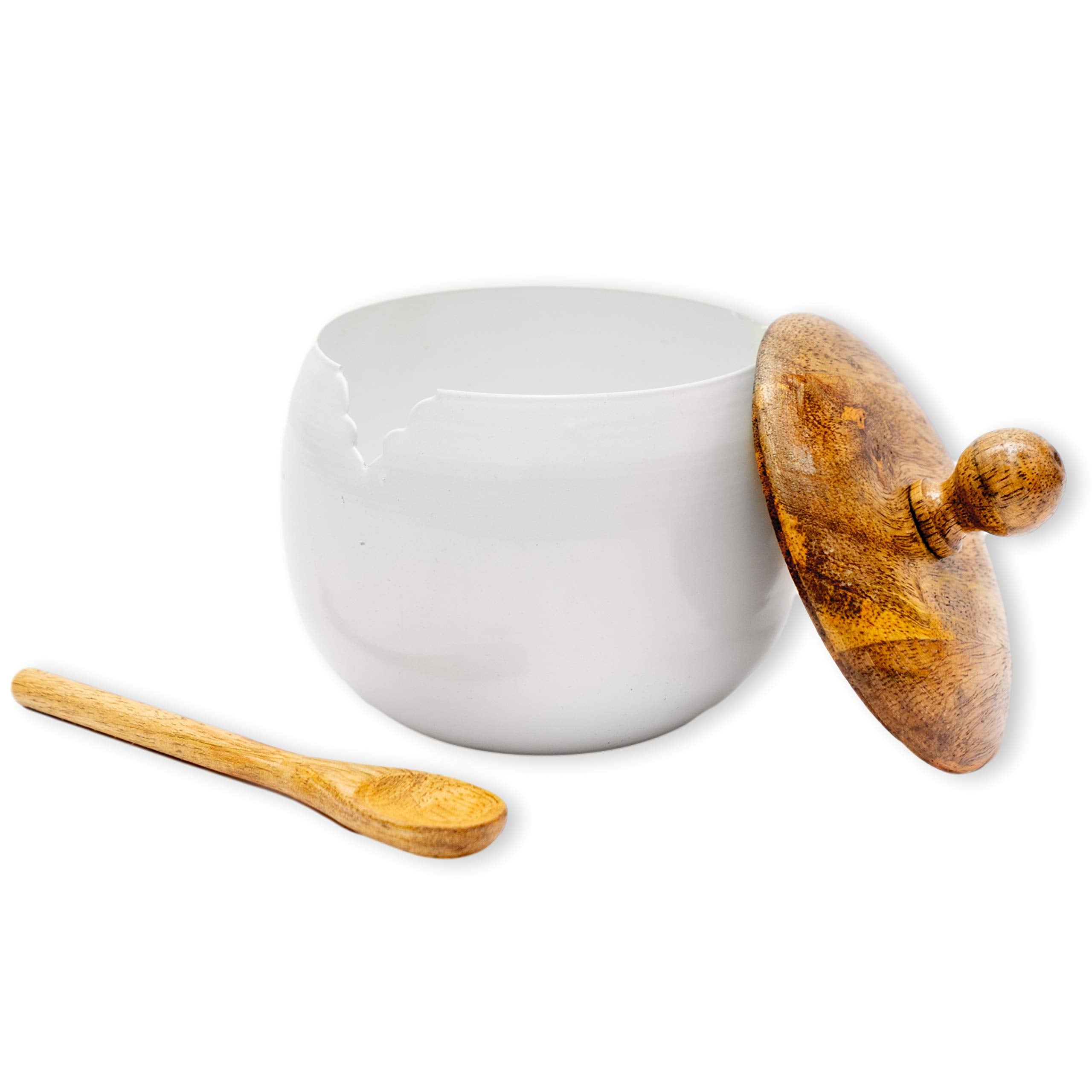 GoCraft Sugar Bowl with Wooden Lid and Spoon for Home and Kitchen  Drum Shape (Shiny White Finish)