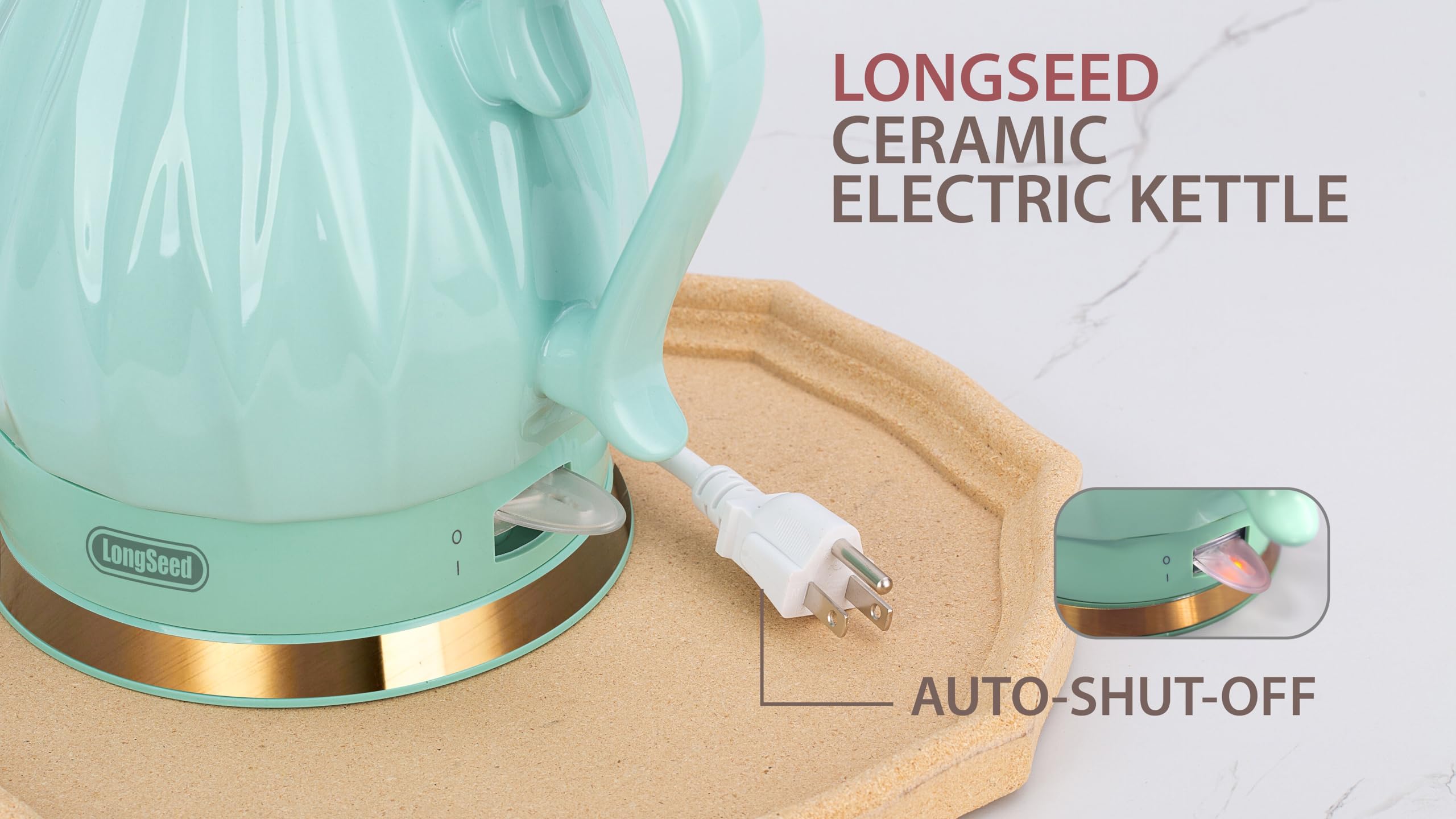 Longseed Ceramic Electric Kettle, 1.5L/1200W Boil Water Quickly And Easily With Boil-Dry Protection Auto Shut Off, Detachable Sw