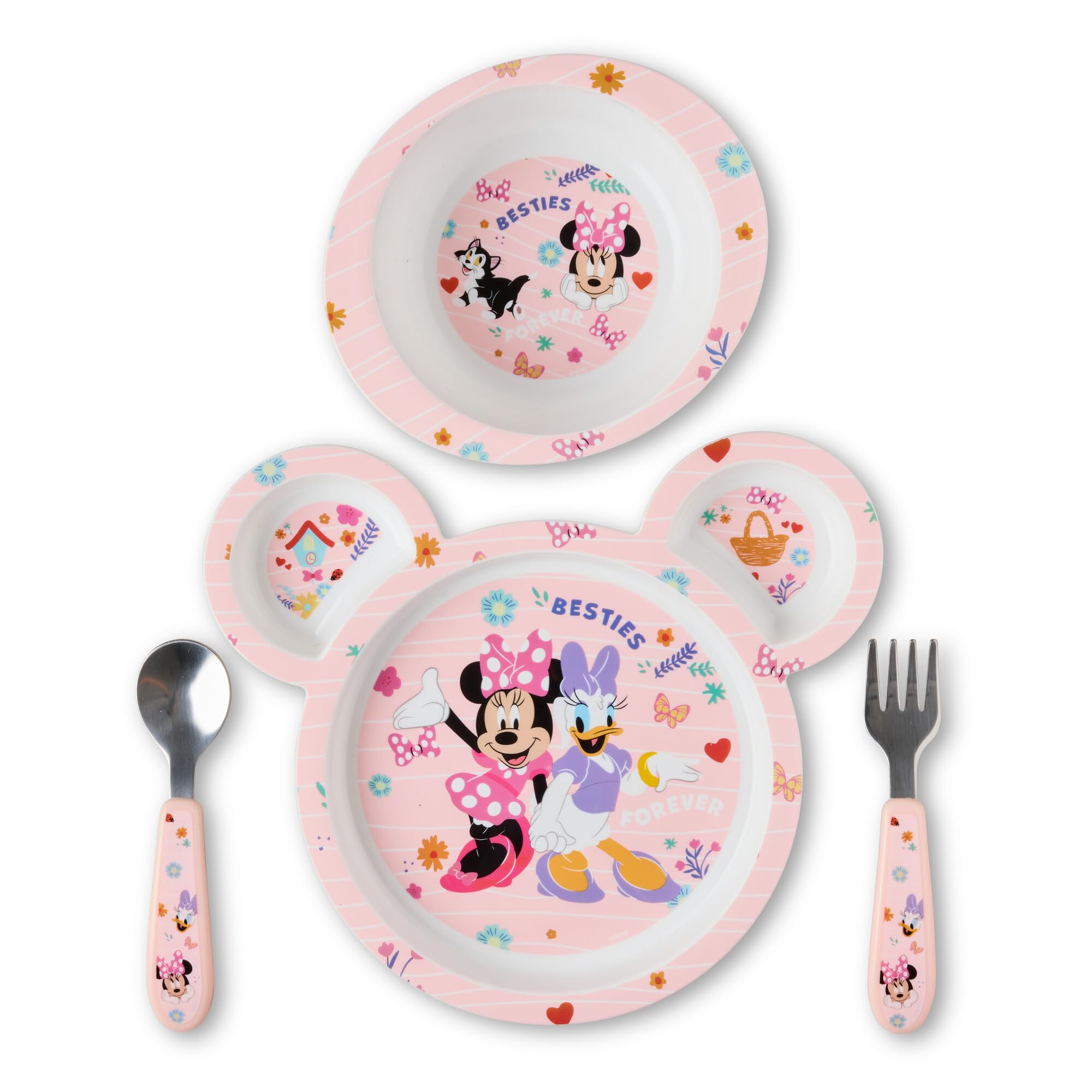 The First Years Disney Minnie Mouse Kids Dinnerware Set - Includes Toddler Plate, Bowl, Fork, and Spoon - Baby Led Weaning Suppl