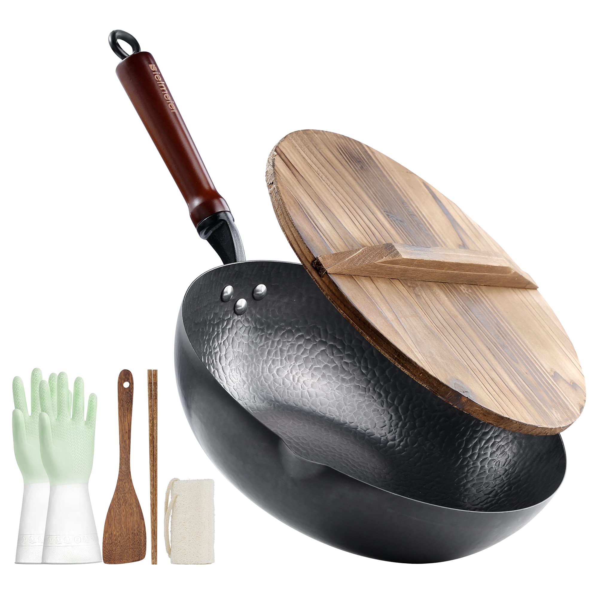 Bielmeier Traditional Carbon Steel Wok With Lid With Gloves And Cookware Accessories,Suits For All Stoves(12.5Inches,Flat Pan)