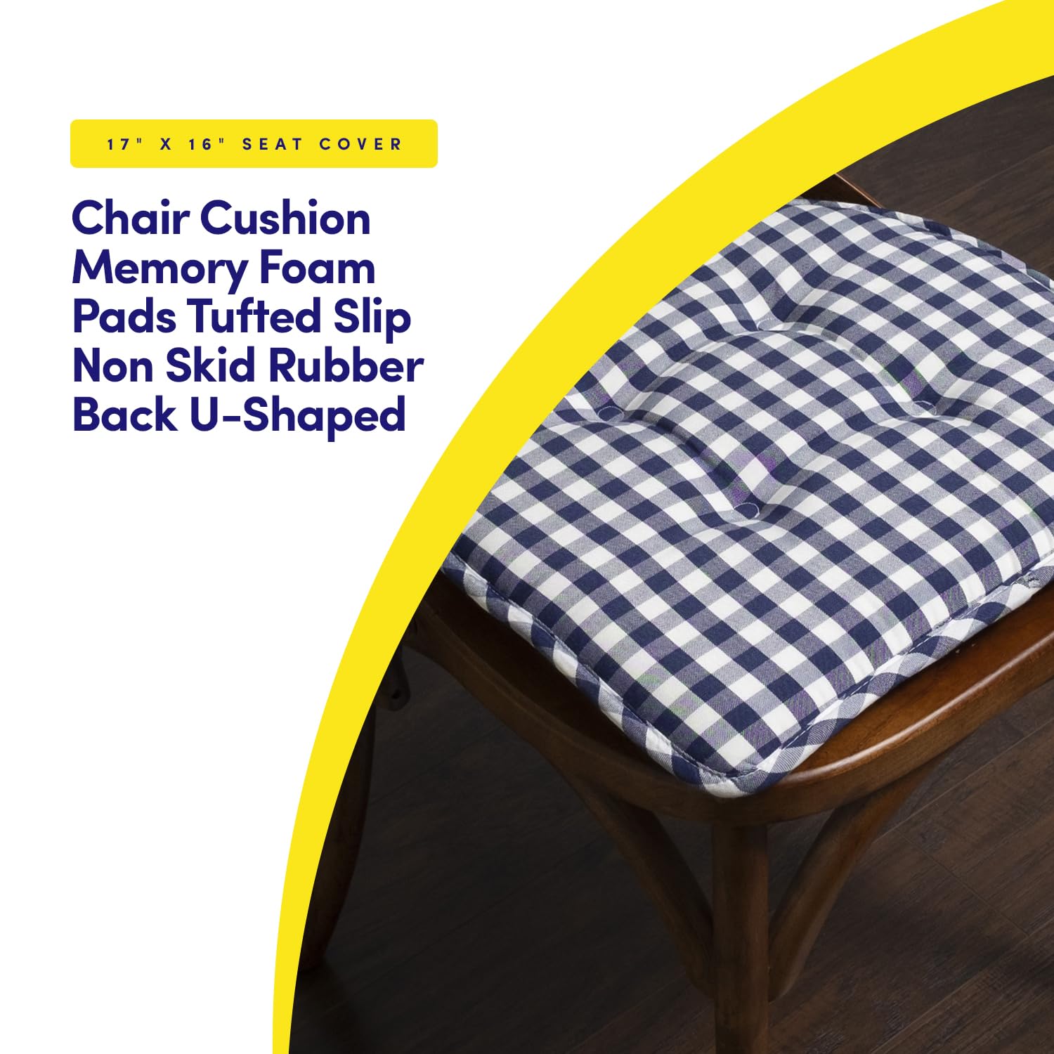 Sweet Home Collection Chair Cushion Memory Foam Pads Tufted Slip Non Skid Rubber Back U-Shaped 17 x 16 Seat Cover, 12 Pack, Chec