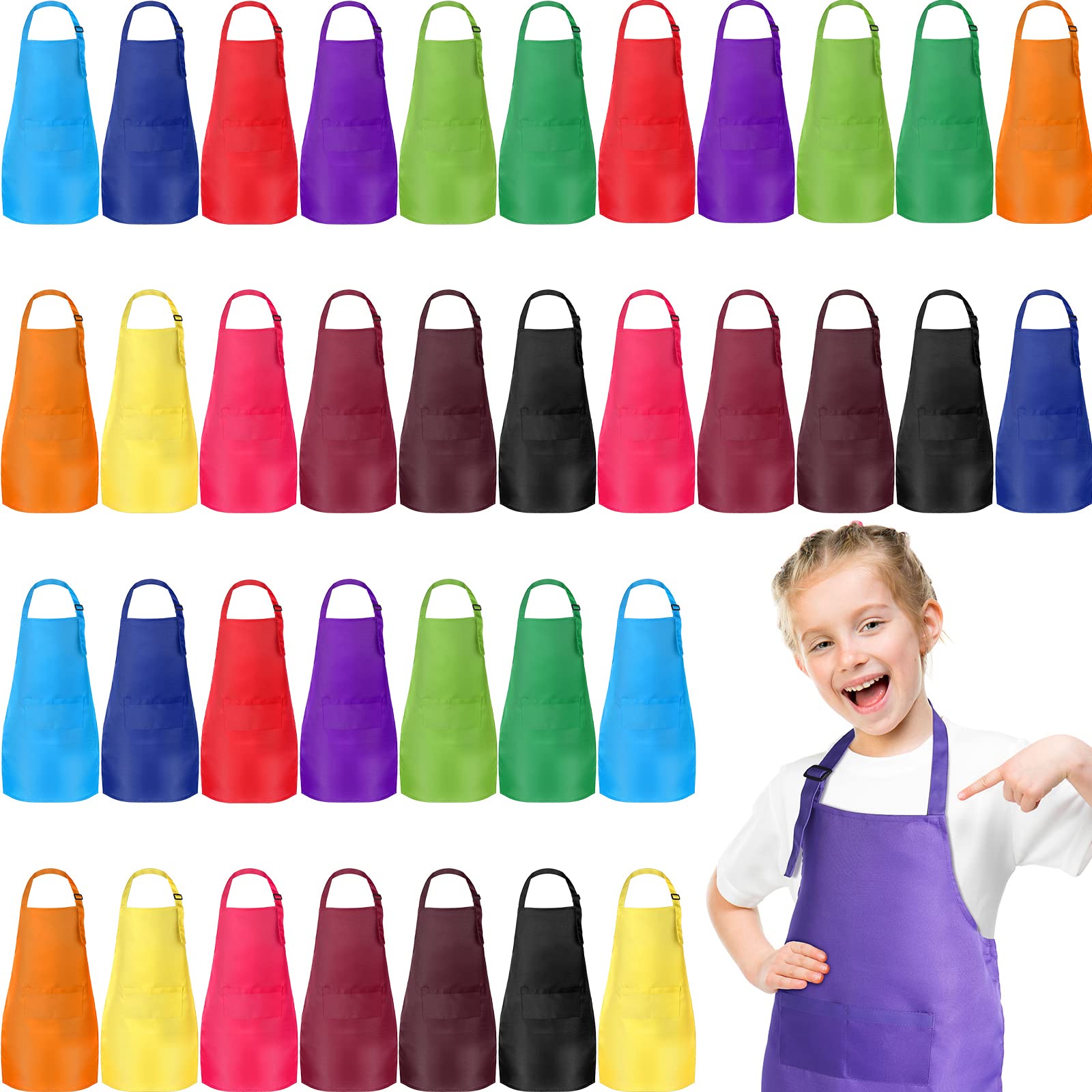 Handepo 36 Pcs Kids Aprons Bulk 12 Colors Adjustable Children Chef Aprons With Pockets Baking Painting Aprons For 713 Age