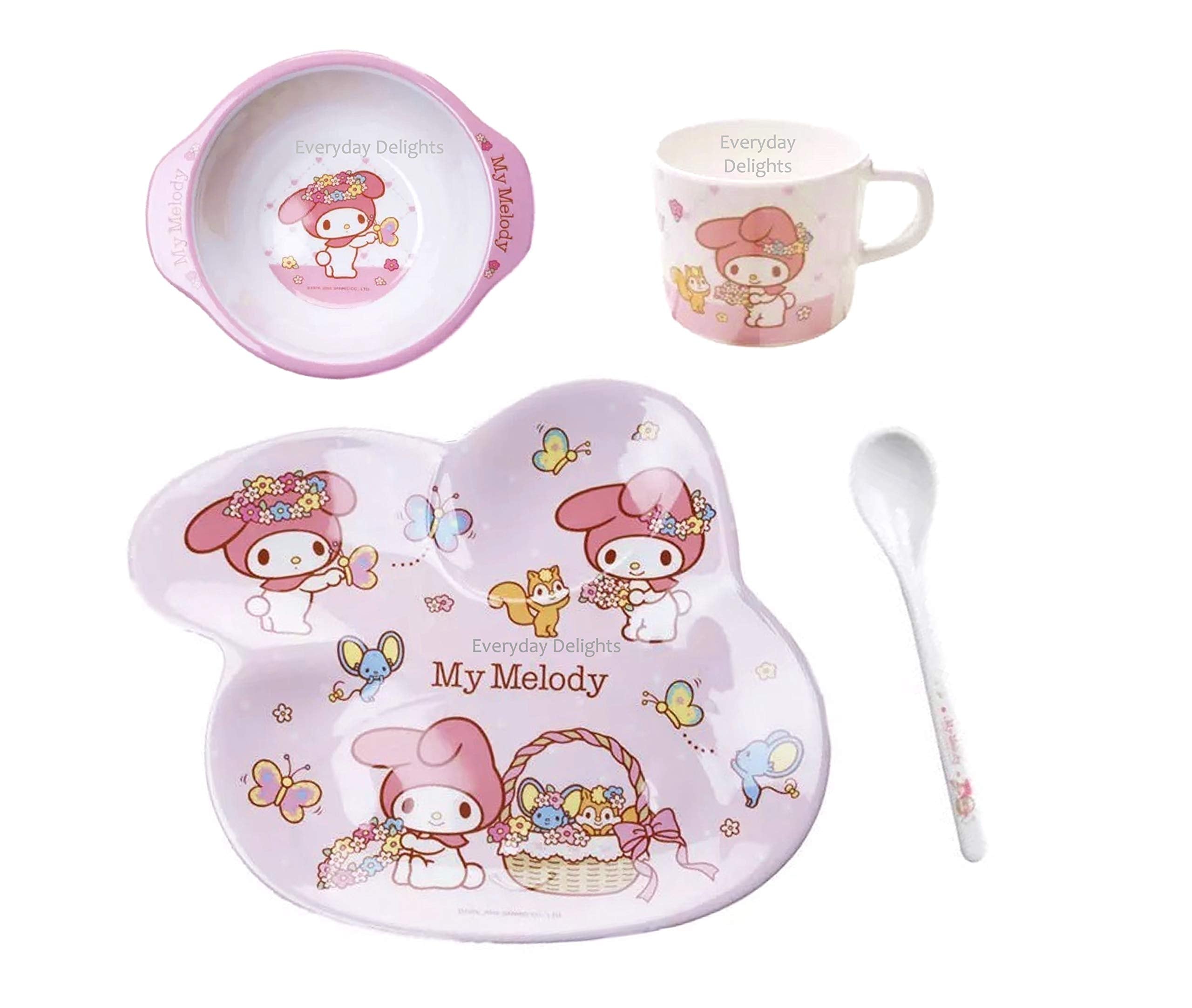 Everyday Delights My Melody Rabbit Dinnerware Flatware Meal Set for Girls - Plate Bowl Cup Spoon, 4 pieces, Pink