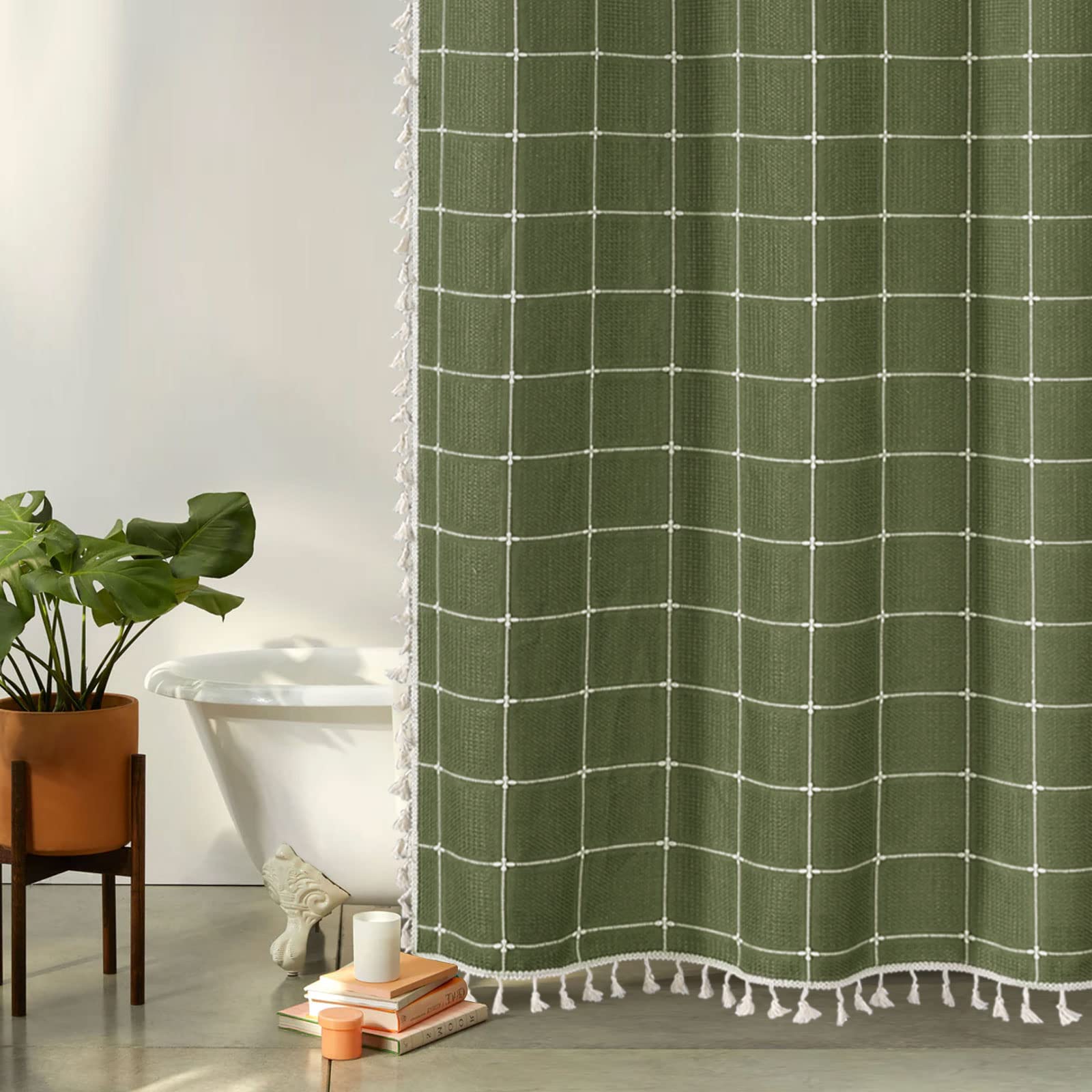 Gibelle Green Boho Farmhouse Shower Curtain With Tassels, Rustic Cottagecore Aesthetic Bohemian Chic Modern Bathroom Decor Thick