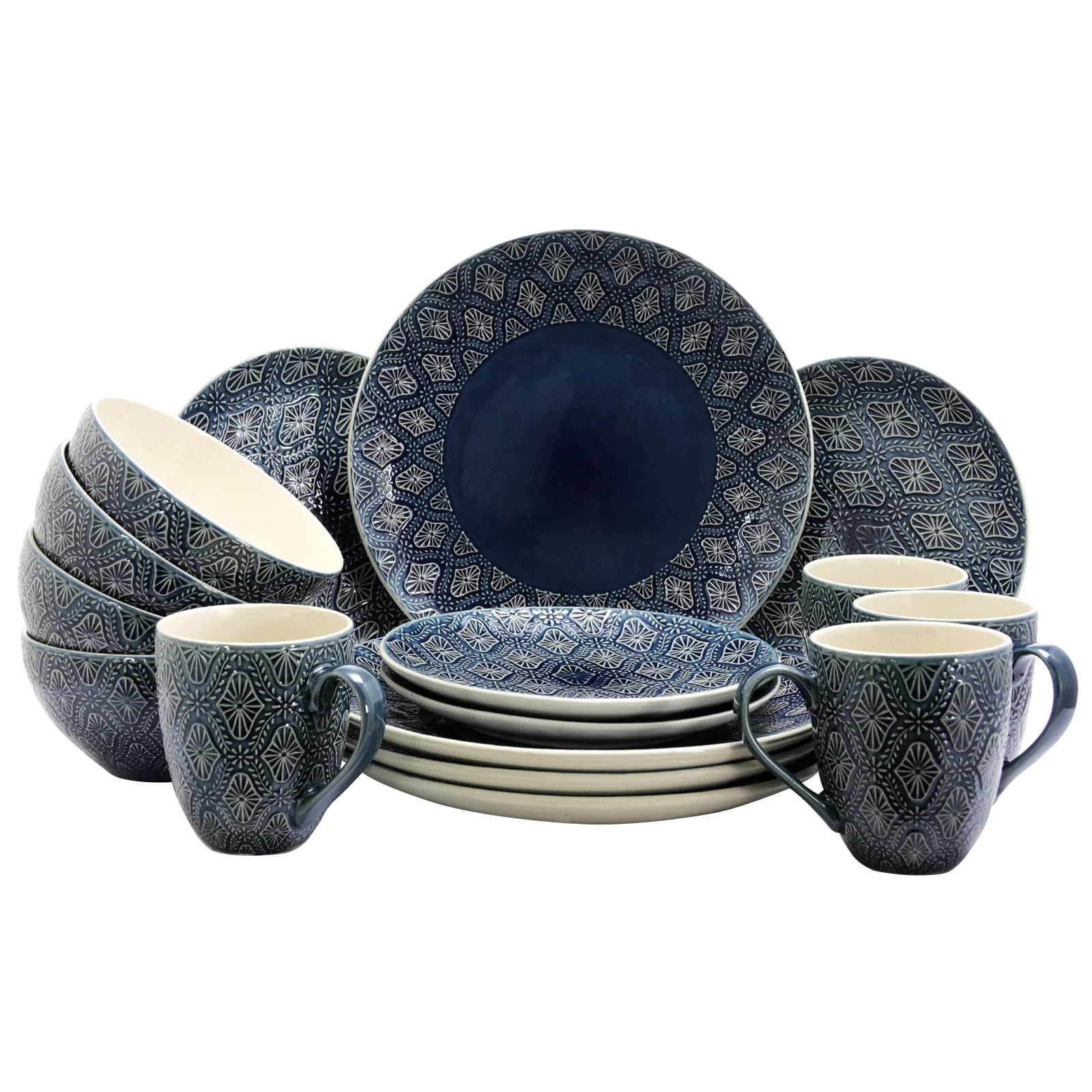 Elama EL Luxuriously Textured Kali 16 Piece Dinnerware Complete 4, 16pc set, Blue