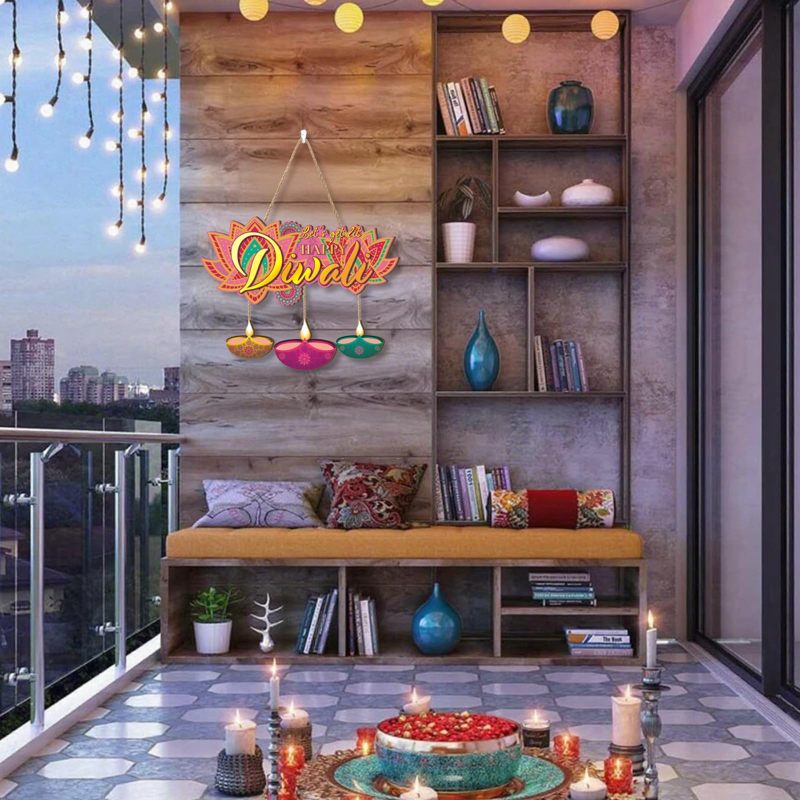 Aurlan Happy Diwali Signs,Let s Get LIt Diwali Door Decoration,Indian Festival of Light Party Decor,Diya Lotus Door Hangings,Dew