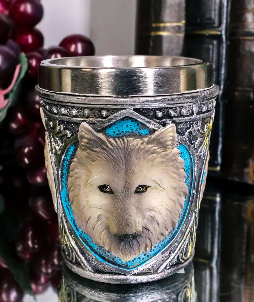 Ebros Pack Of 2 Full Moon Mythical Animal Spirit Gray And White Alpha Wolf Themed 2-Ounce Shot Glass Resin Housing With Stainless Steel Liners Wolves or Timberwolves Themed Souvenirs Favors