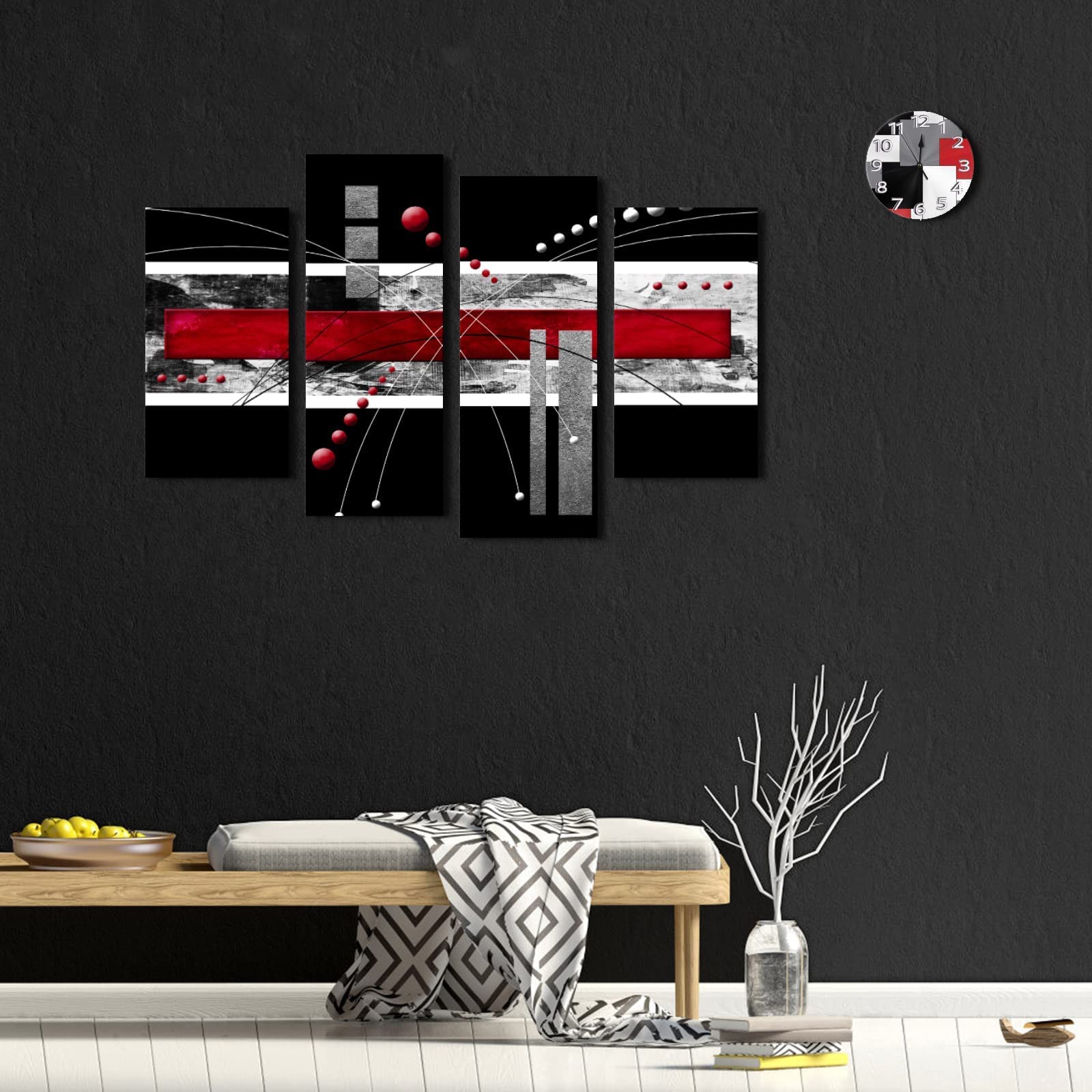 Ypy Large Black Red Canvas Wall Art - 4 Panels Modern Abstract Picutre Set For Home Decoration - Contemporary Painting Artwork R