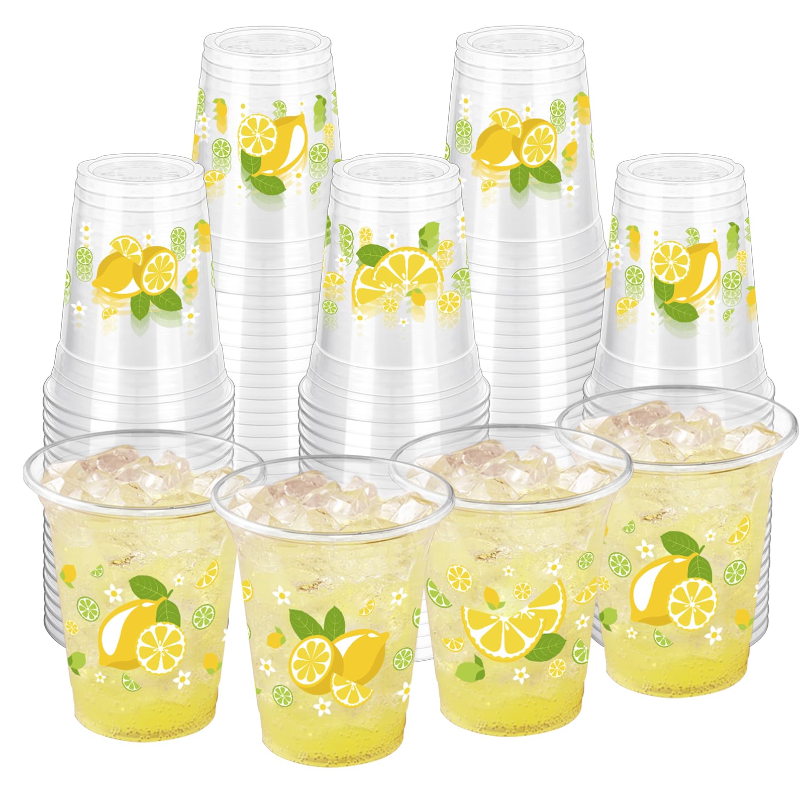 ZCPTZ 100 Pcs Lemon Plastic Cups,12 oz Summer Yellow Lemon Disposable Clear Plastic Cups Lemons Theme Party Drinking Cup Hawaiia