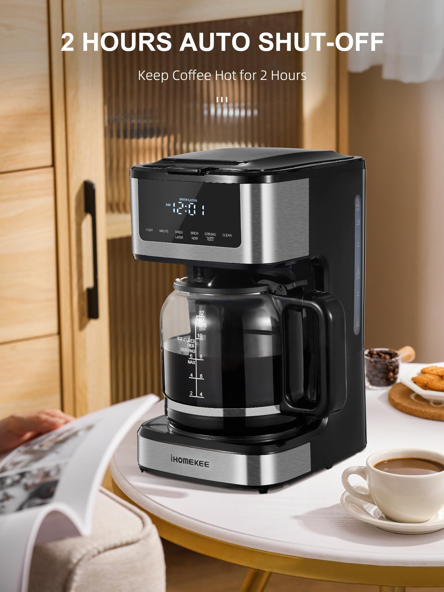 Ihomekee 12-Cup Programmable Drip Coffee Maker, Black, Stainless Steel, Touch Screen, Iced Coffee Function, Model CM9428C