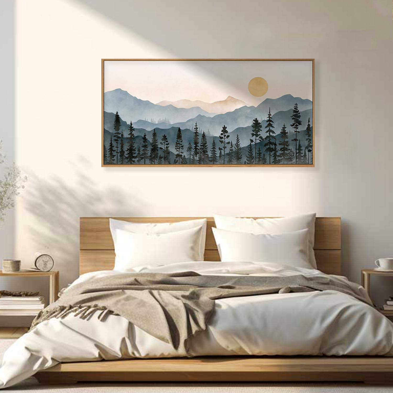 Lhiuem Boho Mountain Framed Canvas Wall Art Set,Forest Pine Tree Wall Decor,Nature Sunrise Wilderness Landscape Art Painting For
