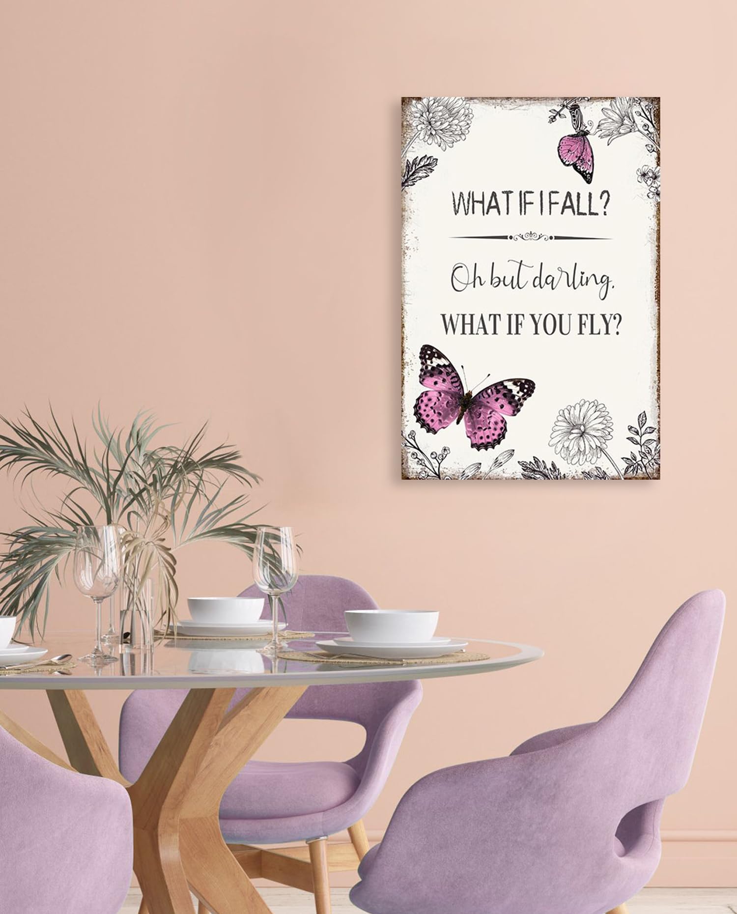 Ypy Inspirational Quote Canvas Wall Art : Pink Butterfly Picture Motivational Framed Poster, What If I Fall Positive Sign For Te