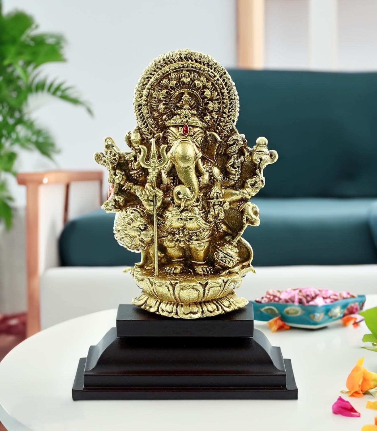 Justclickindia Fiber Resin Action Sri Shubha Drishti Ganapathy Idol, 5 Inch (Gold And Brown)